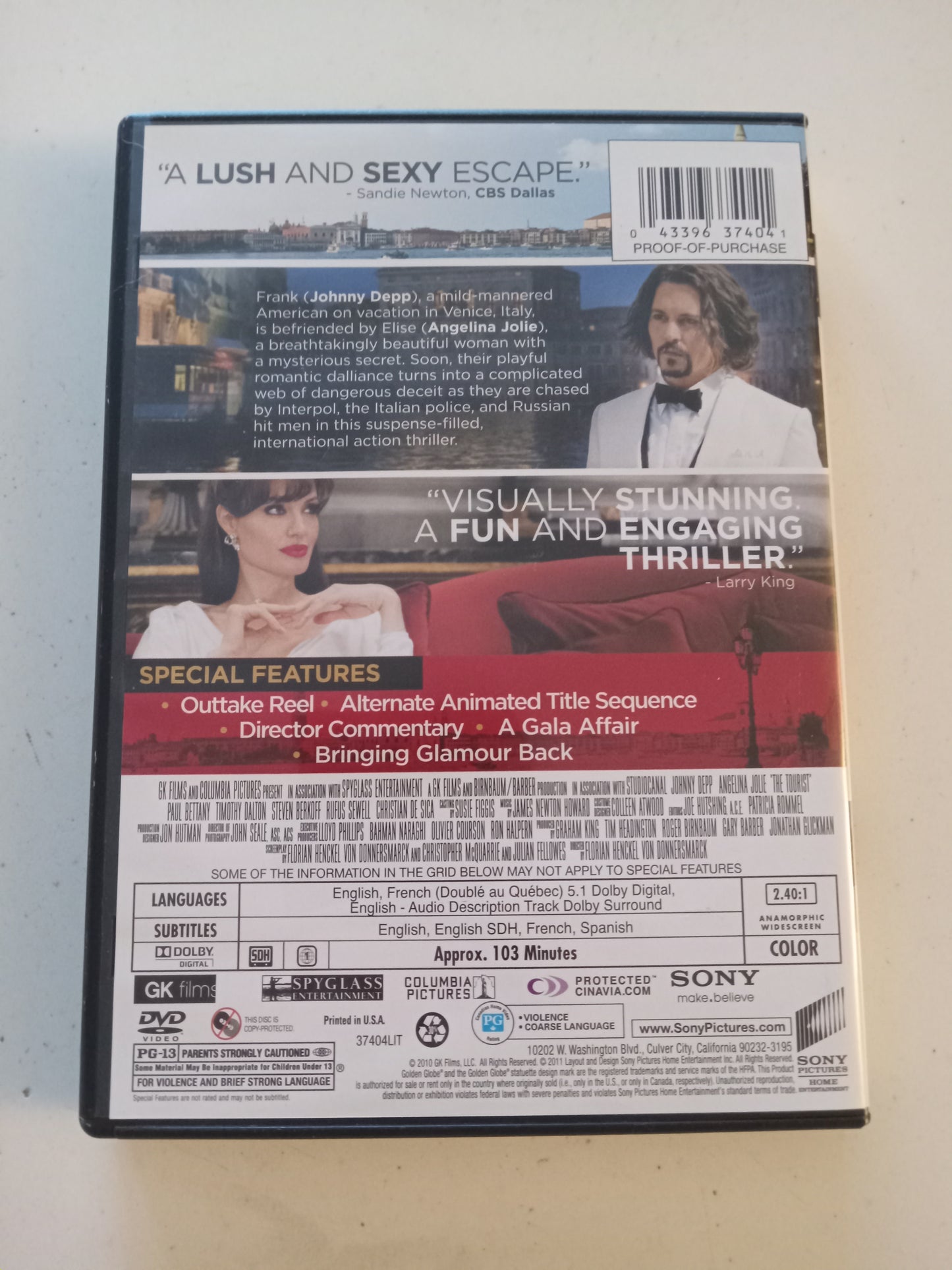 The Tourist, DVD Movie, Angelina Jolie Widescreen, Rated PG-13, USED