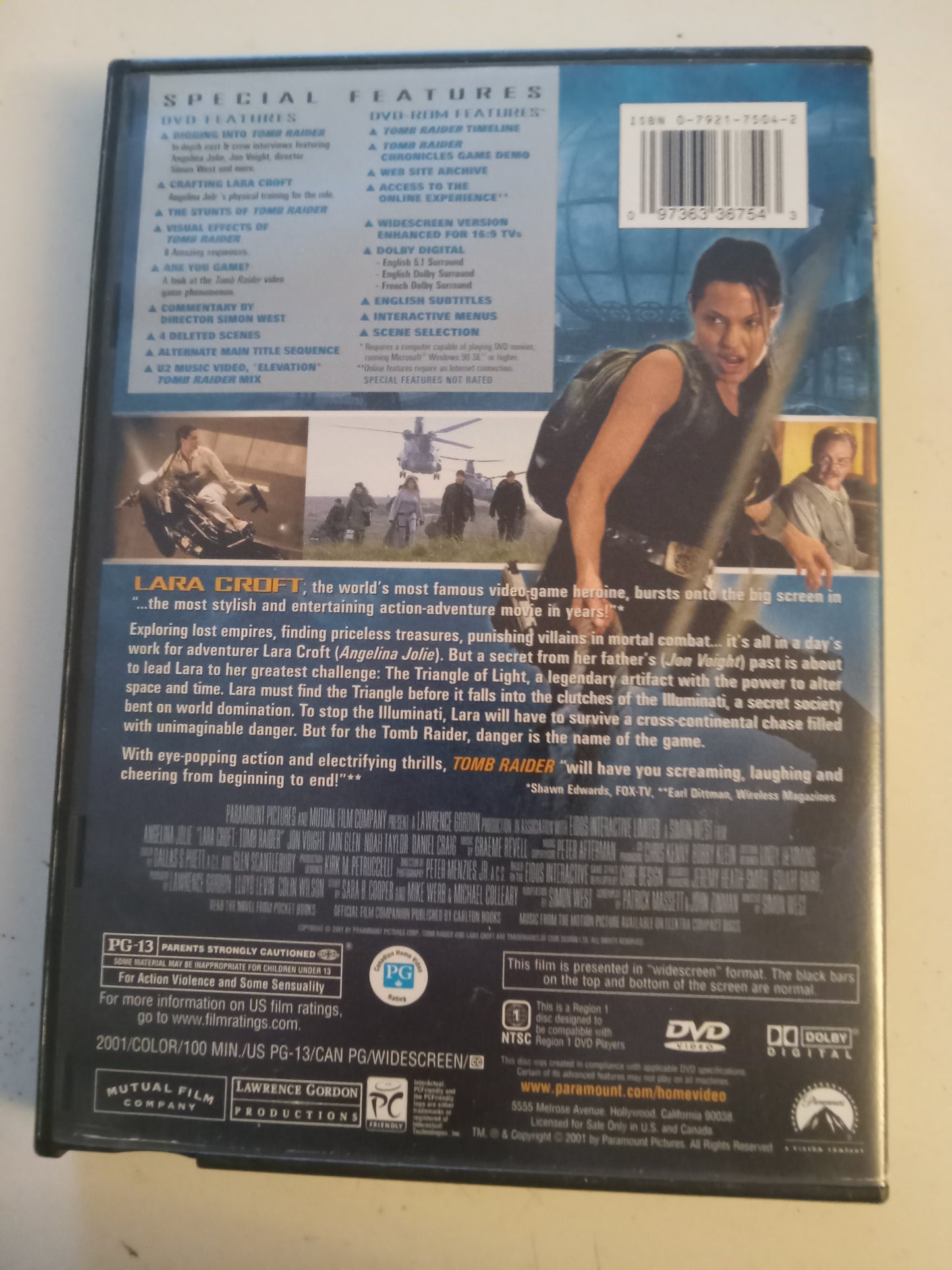 Lara Croft Tomb Raider, DVD Movie, Angelina Jolie Widescreen, Rated PG-13, USED
