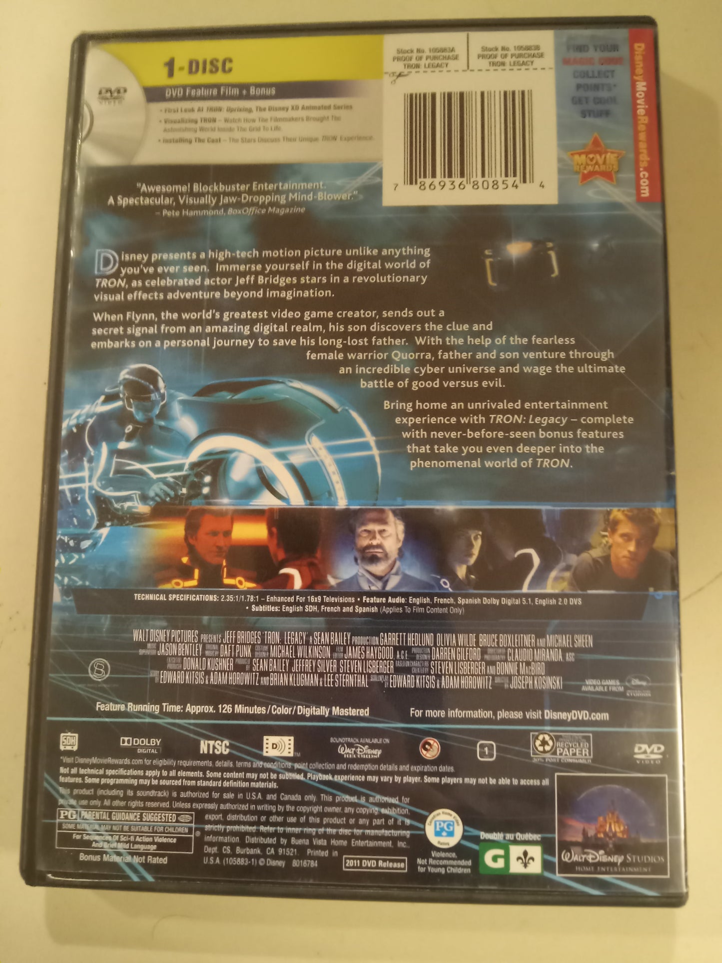 Tron Legacy, DVD Movie, Jeff Bridges Widescreen, Rated PG, USED