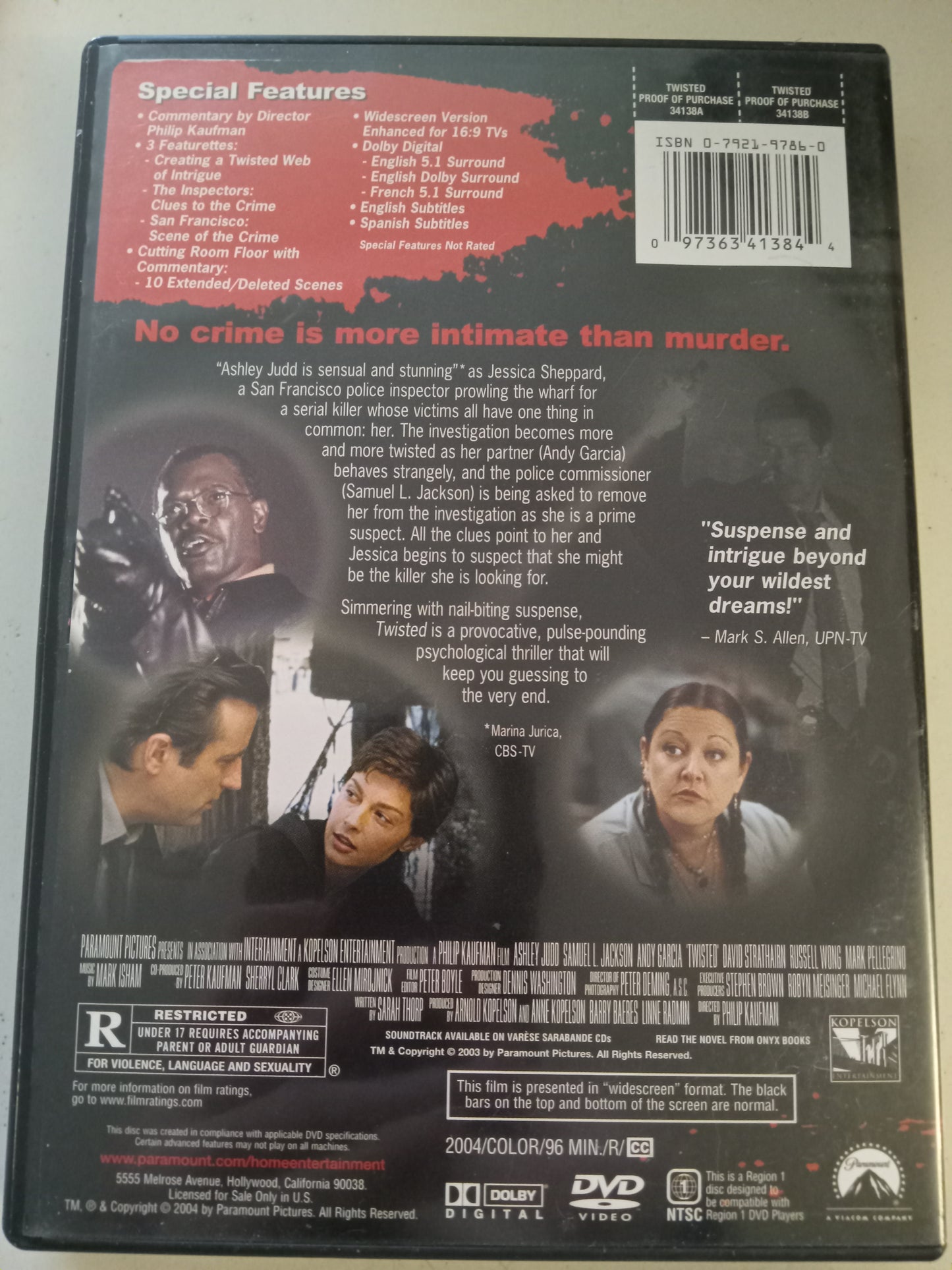 Twisted, DVD Movie, Ashley Judd Widescreen, Special Collector's Ed. Rated PG-13, USED