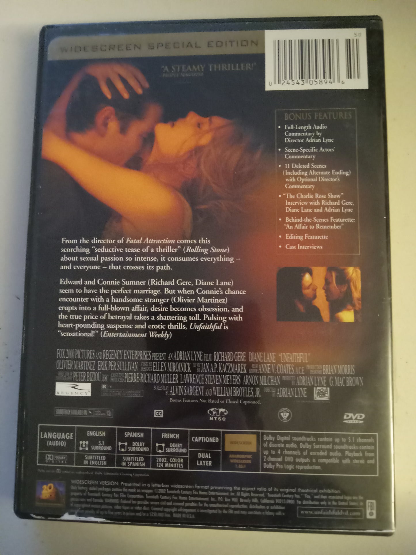 Unfaithful, DVD Movie, Richard Gere Widescreen, Rated R, USED