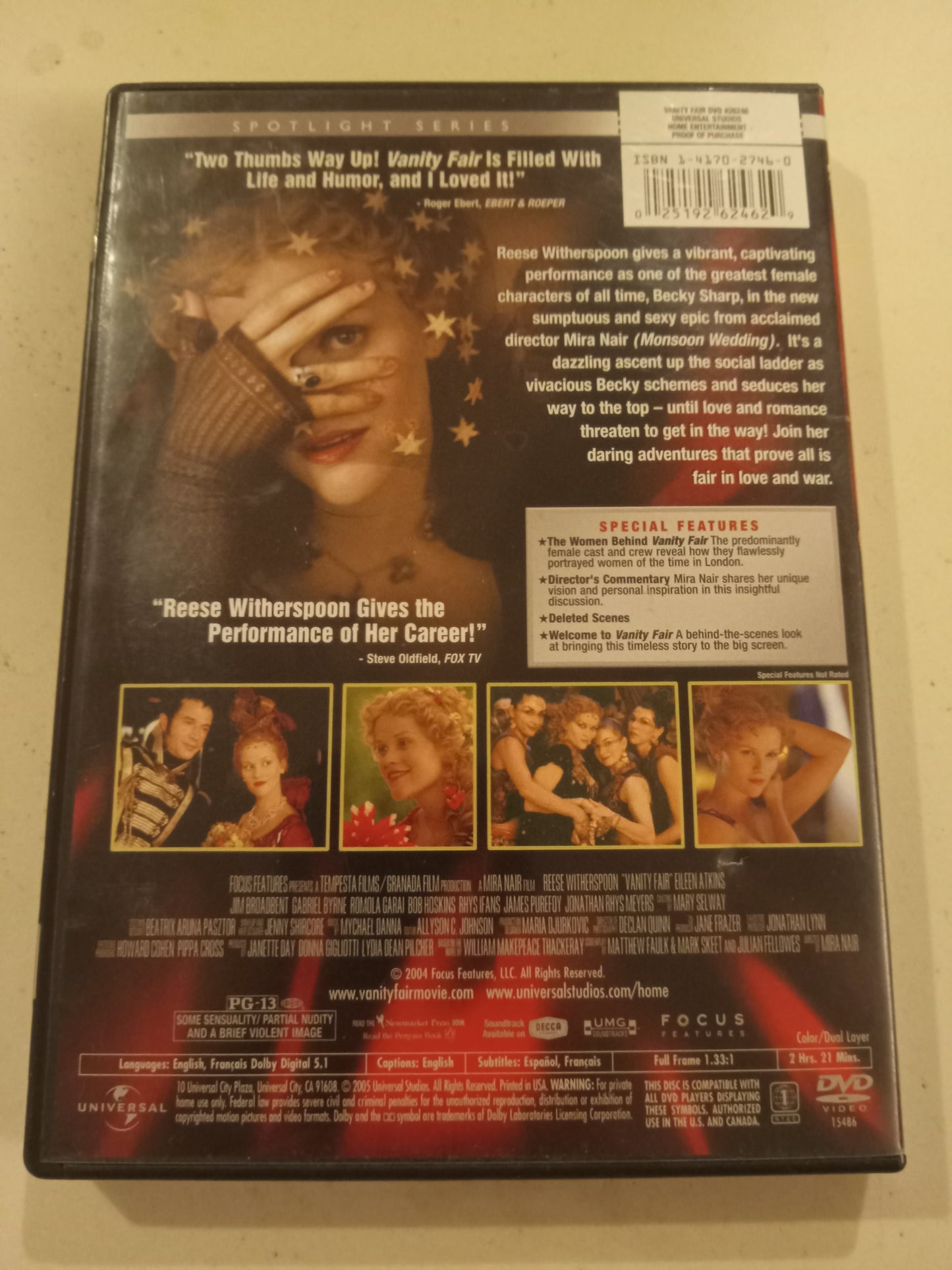 Vanity Fair, DVD Movie, Reese Witherspoon Fullscreen, Rated PG-13, USED