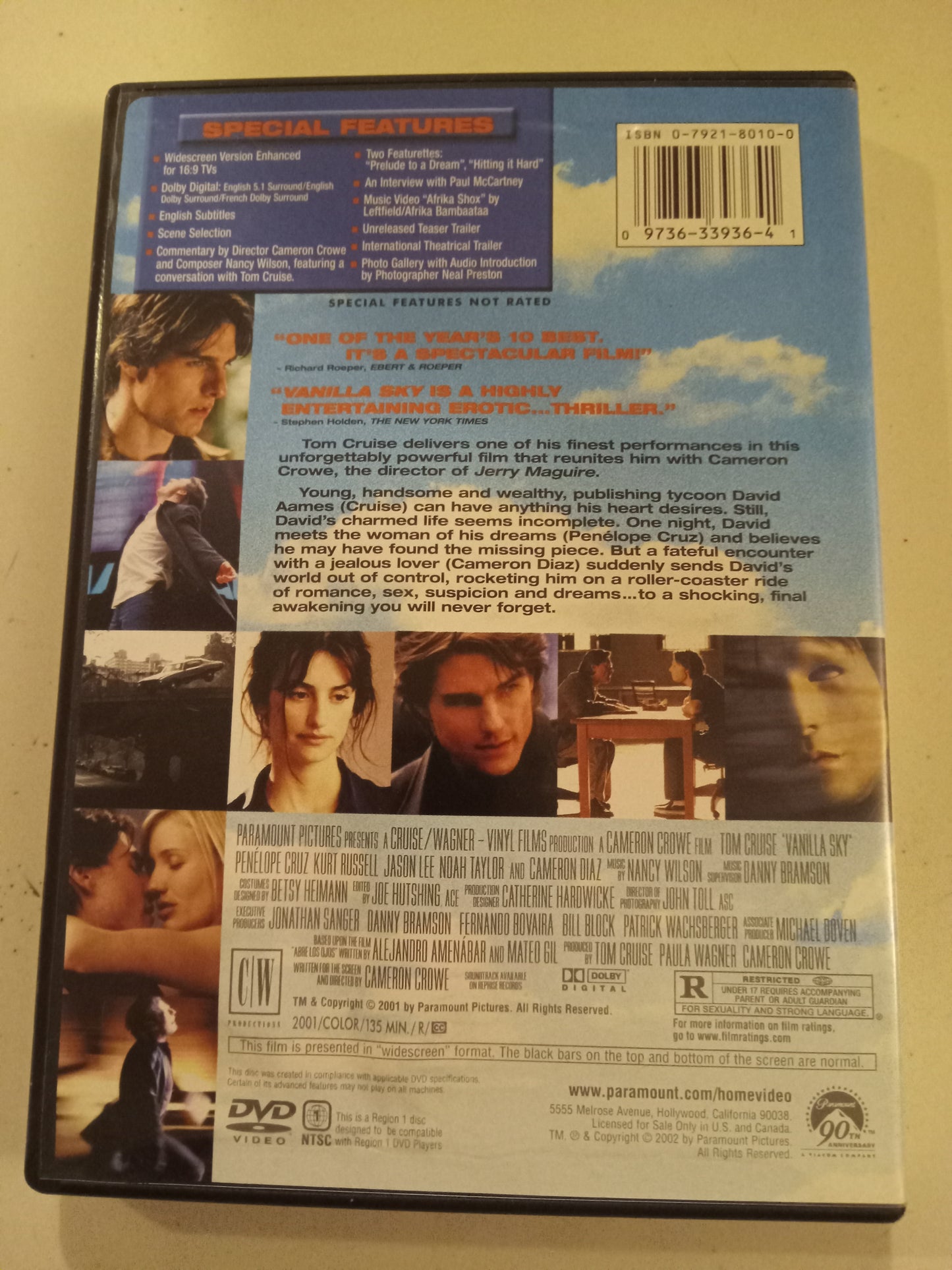 Vanilla Sky, DVD Movie, Tom Cruise Widescreen, Rated R, USED