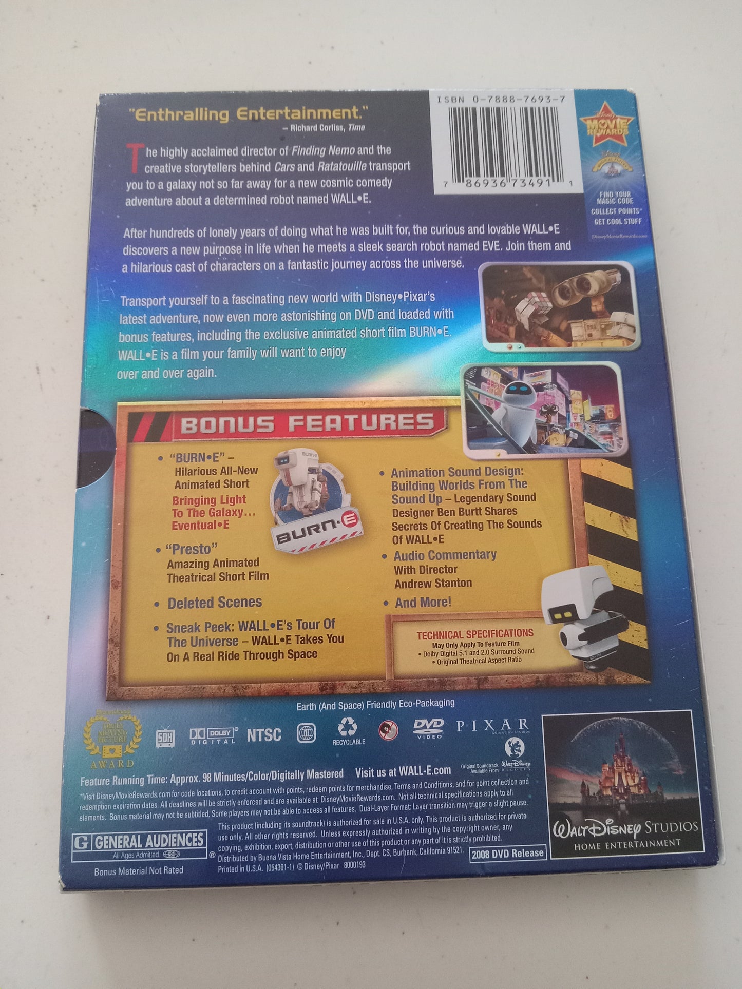Wall•E, Disney Pixar Animation DVD Movie, Widescreen, Rated G, USED