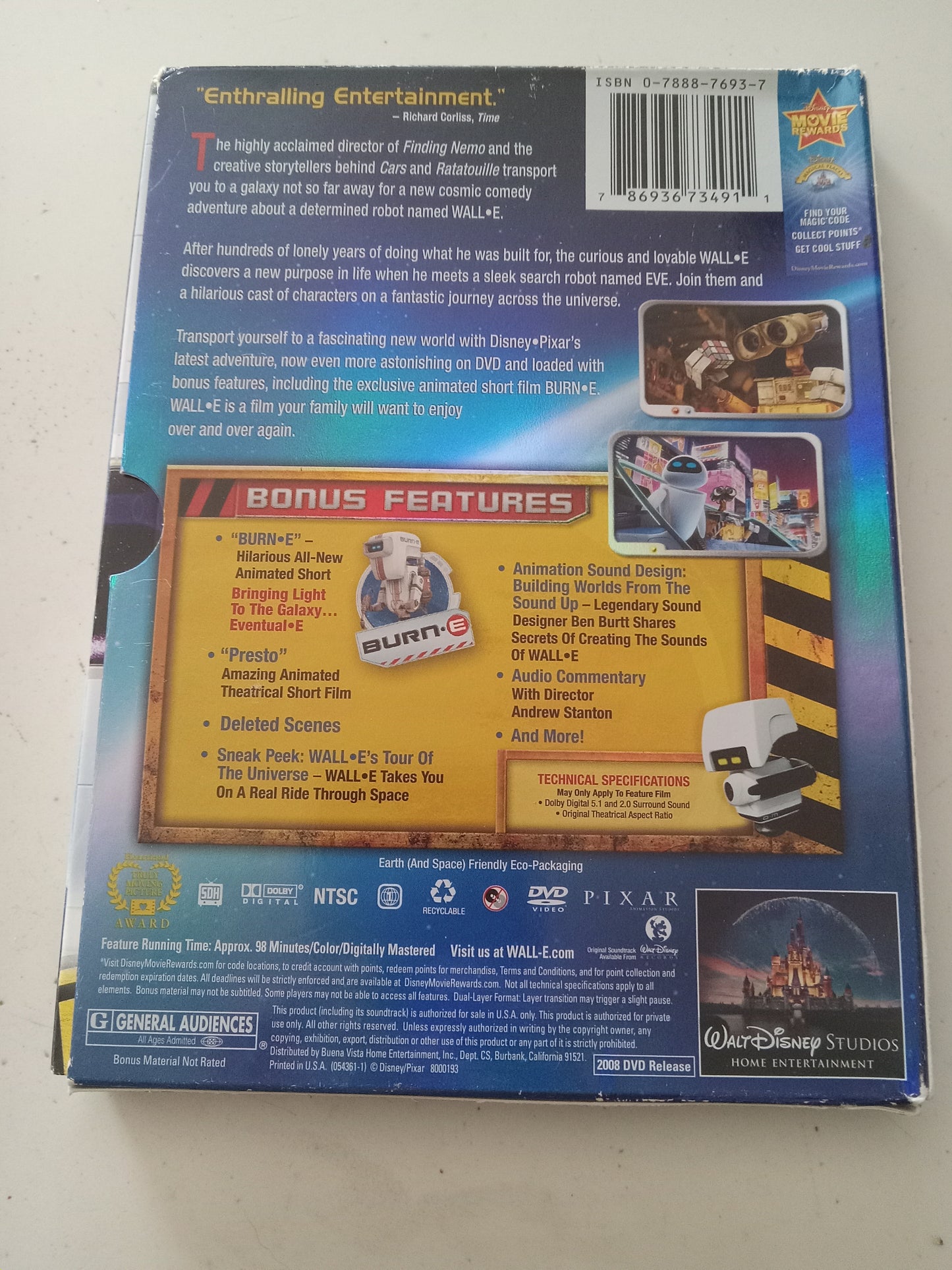 Wall•E, Disney Pixar Animation DVD Movie, Widescreen, Rated G, USED