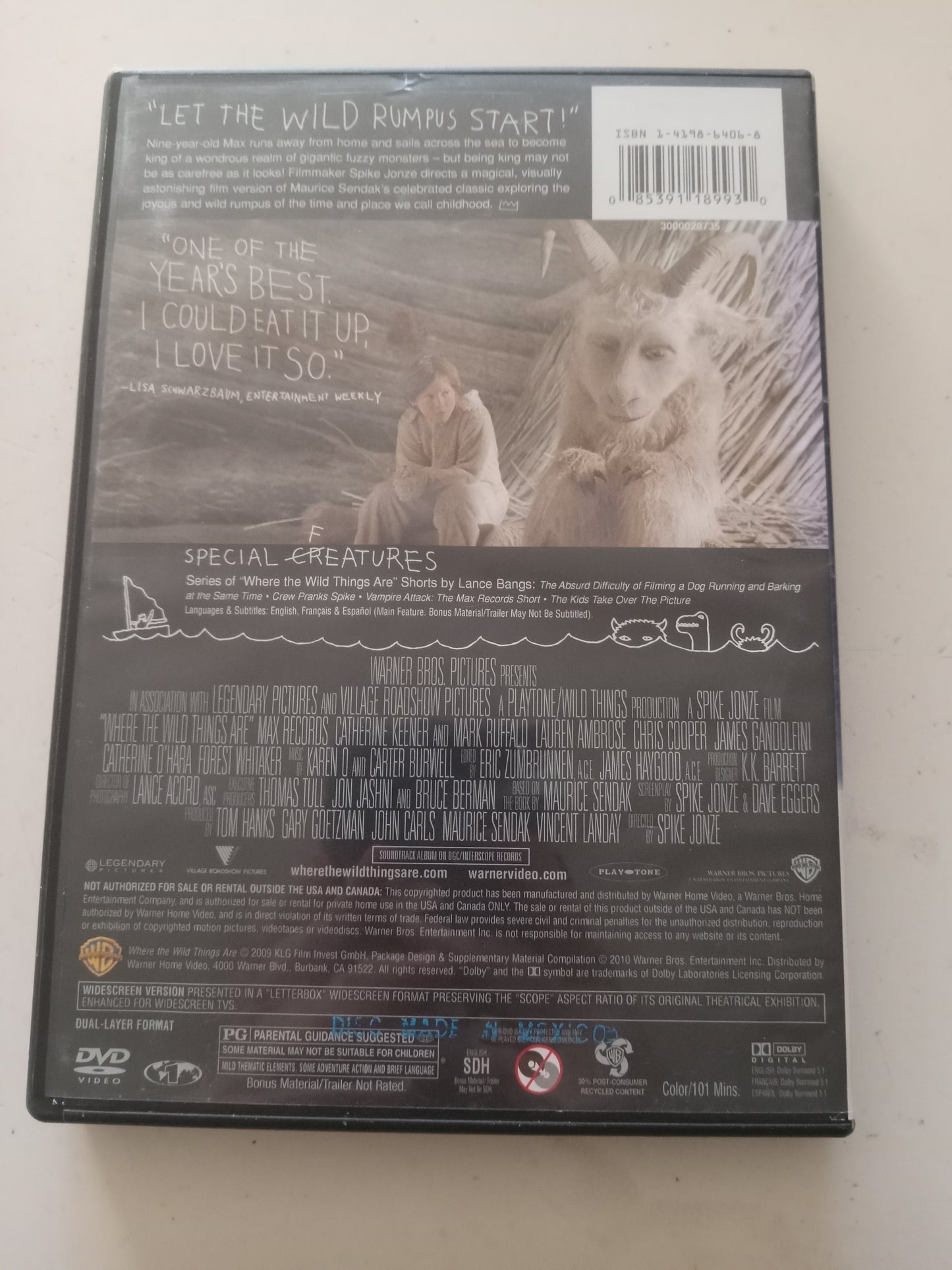 Where The Wild Things Are, DVD Movie, Mark Ruffalo Widescreen, Rated PG, USED