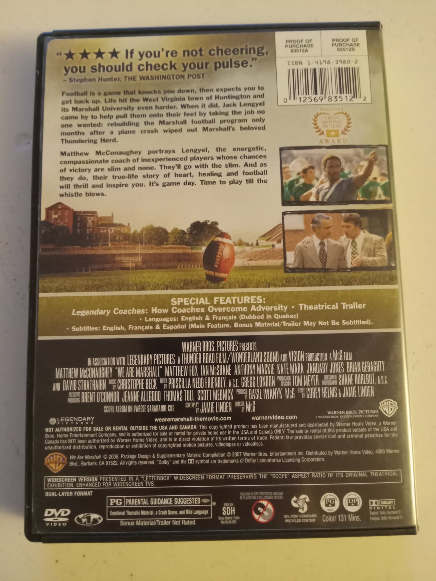 We Are Marshall, DVD Movie, Matthew McConaughey Widescreen, Rated PG, USED