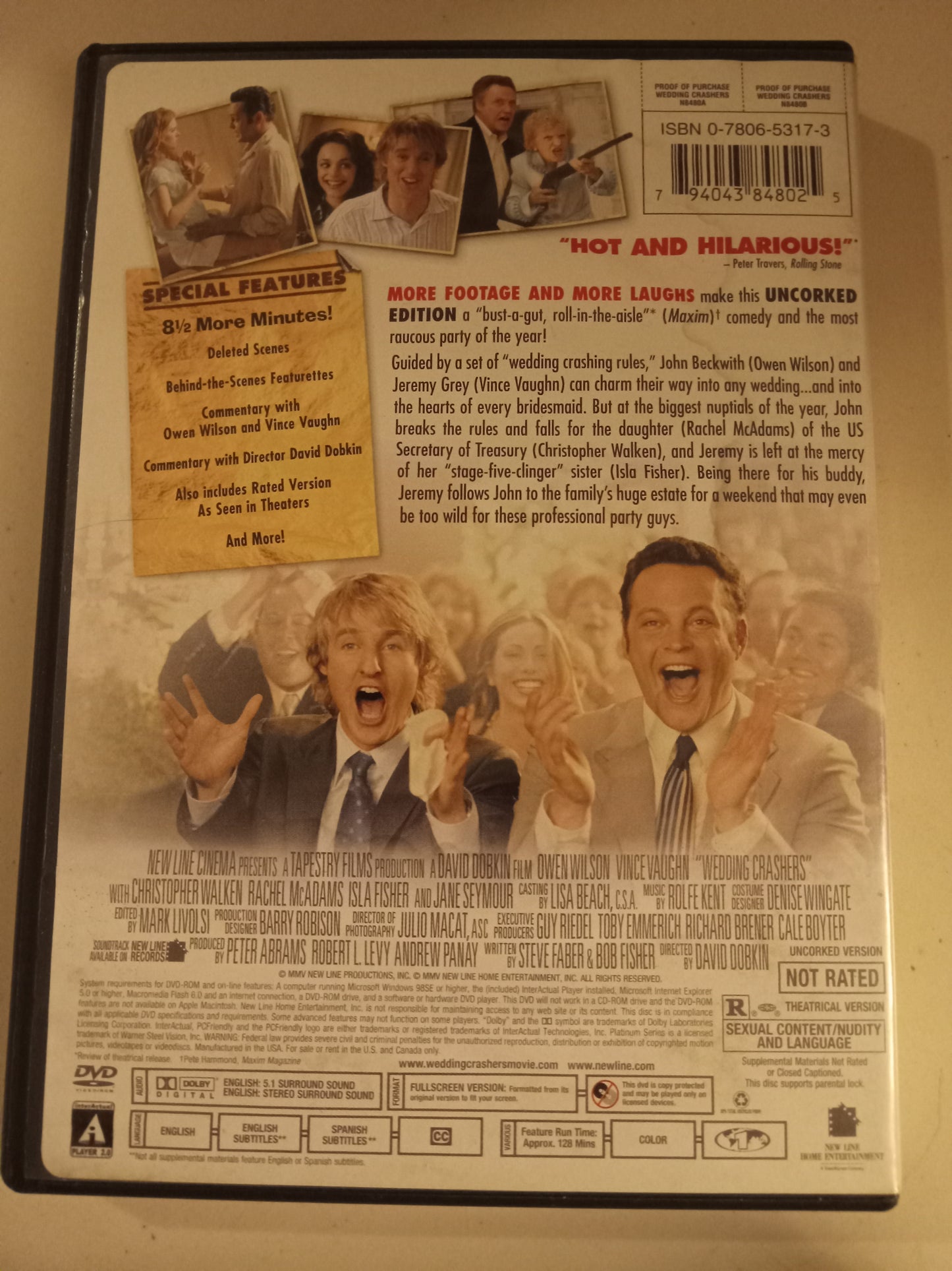 Wedding Crashers, Uncorked Edition, DVD Movie, Owen Wilson Fullscreen/Widescreen, Not Rated/R, USED