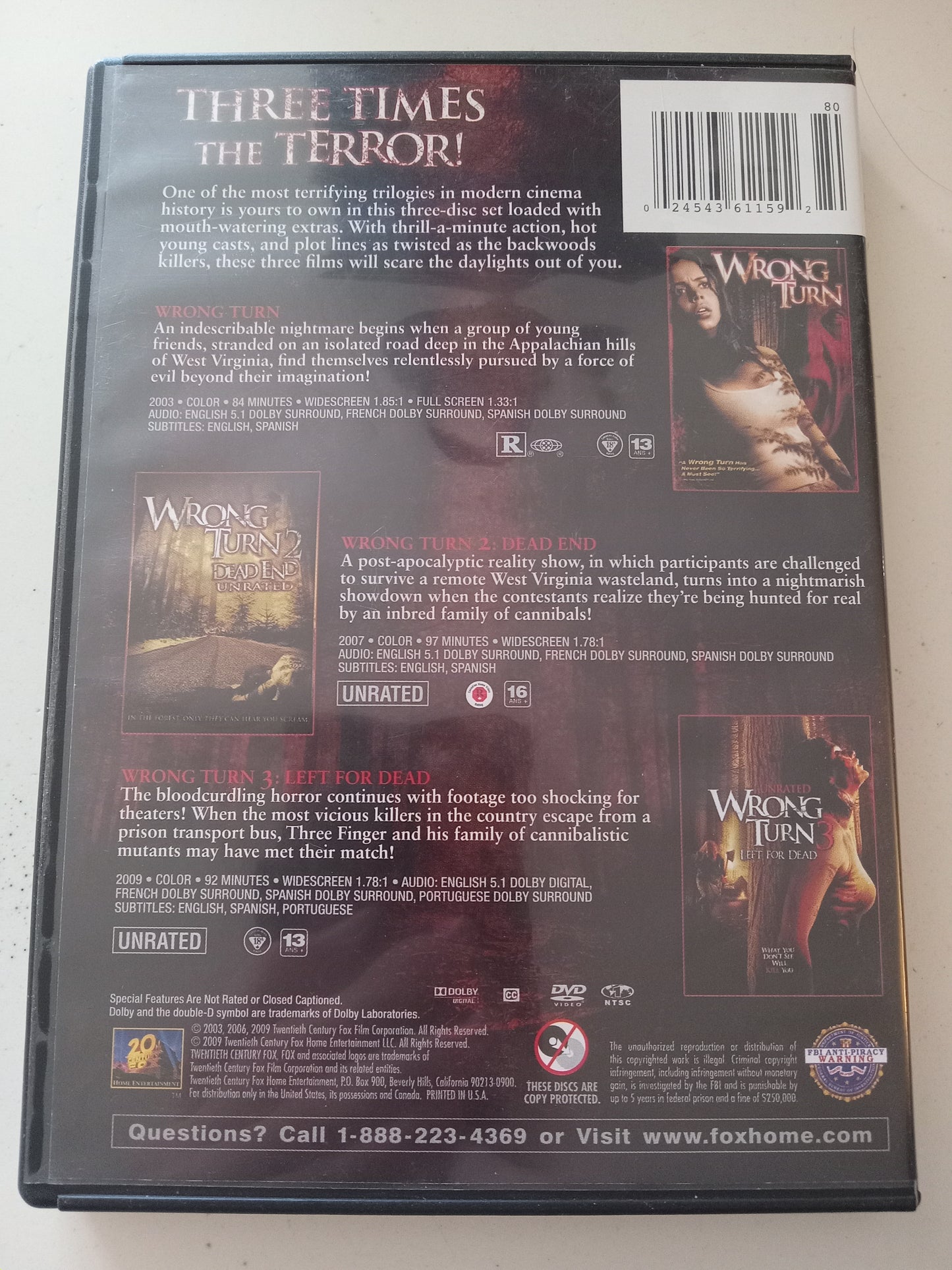 Wrong Turn 1, 2 Dead End, 3 Left For Dead, 3 DVD Movies, Fullscreen, Widescreen, Not Rated/R, USED