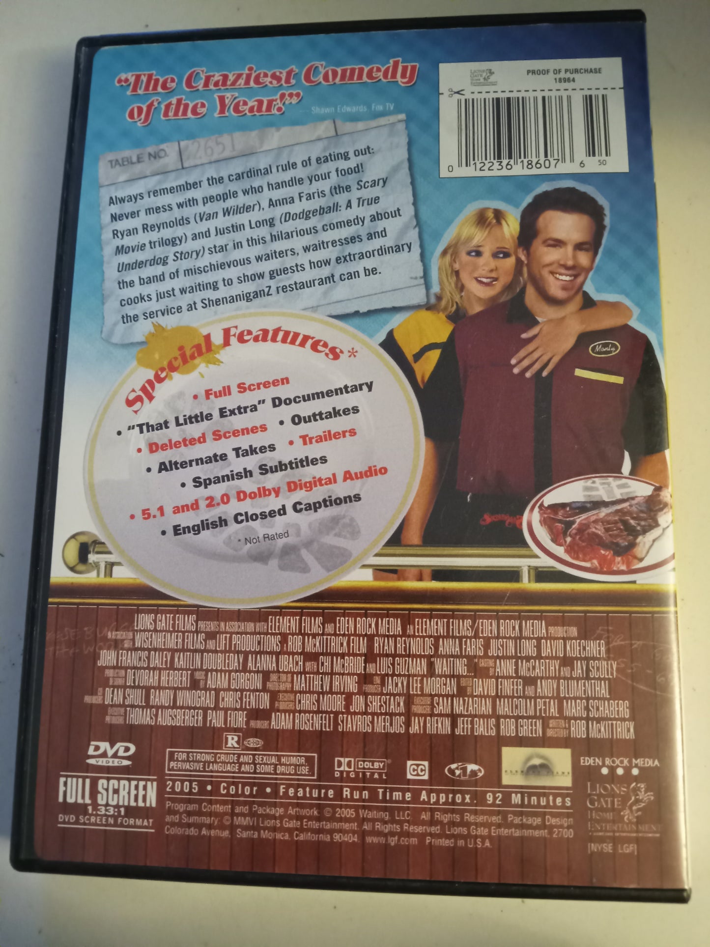 Waiting..., DVD Movie, Ryan Reynolds Fullscreen, Rated R, USED