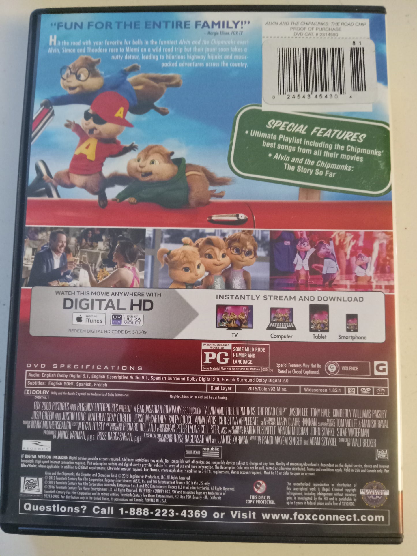 Alvin And The Chipmunks The Road Chip, DVD Movie, Jason Lee Widescreen, Rated PG, USED