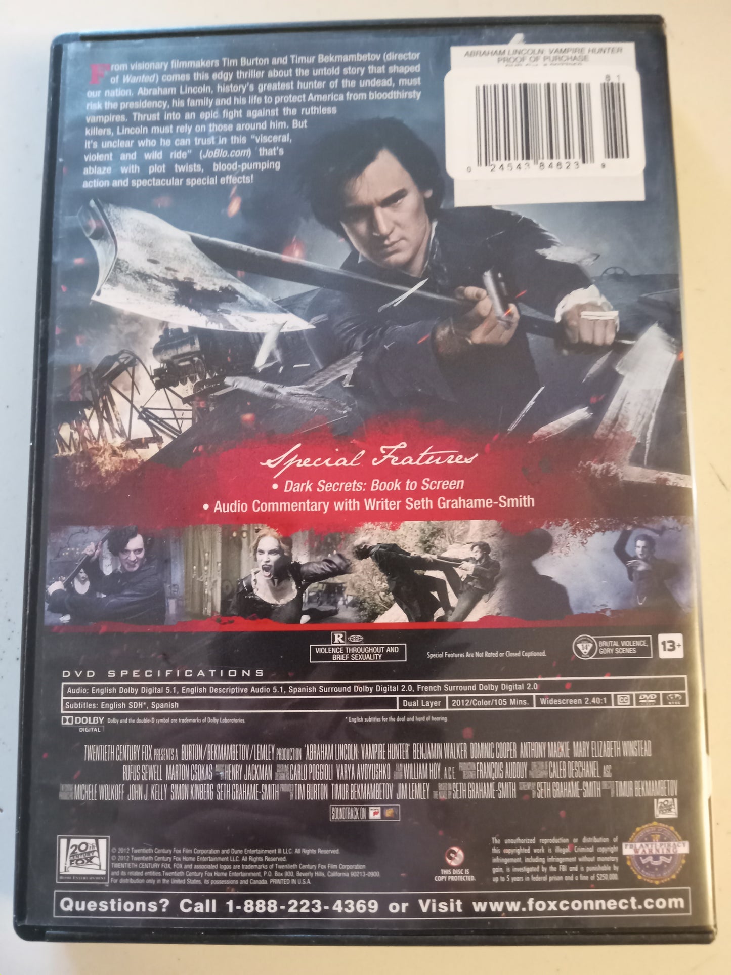 Abraham Lincoln Vampire Hunter, DVD Movie, Dominic Cooper Widescreen, Rated R, USED