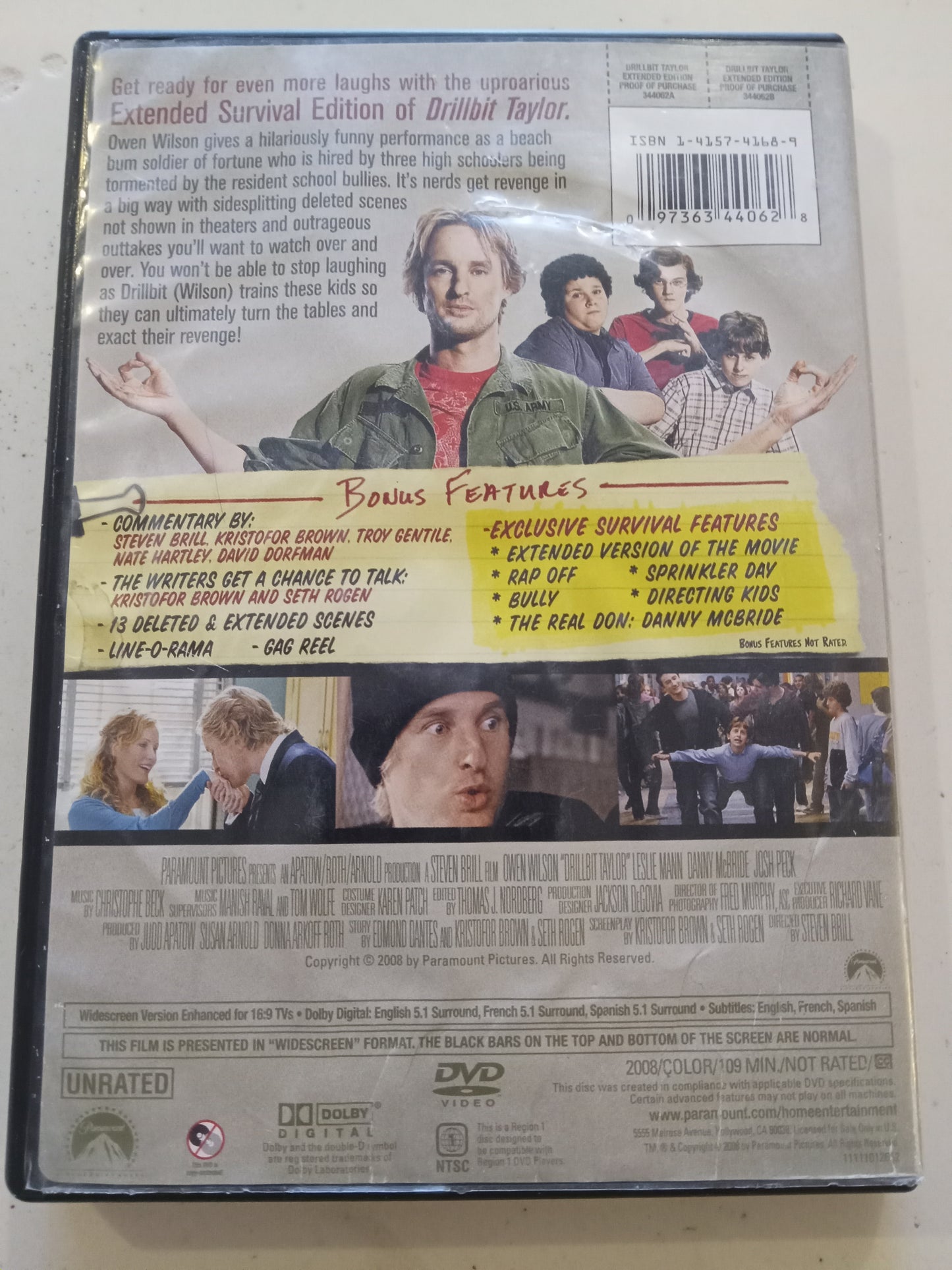 Drillbit Taylor, DVD Movie, Owen Wilson Widescreen, Extended Survival Ed. Rated PG-13, USED