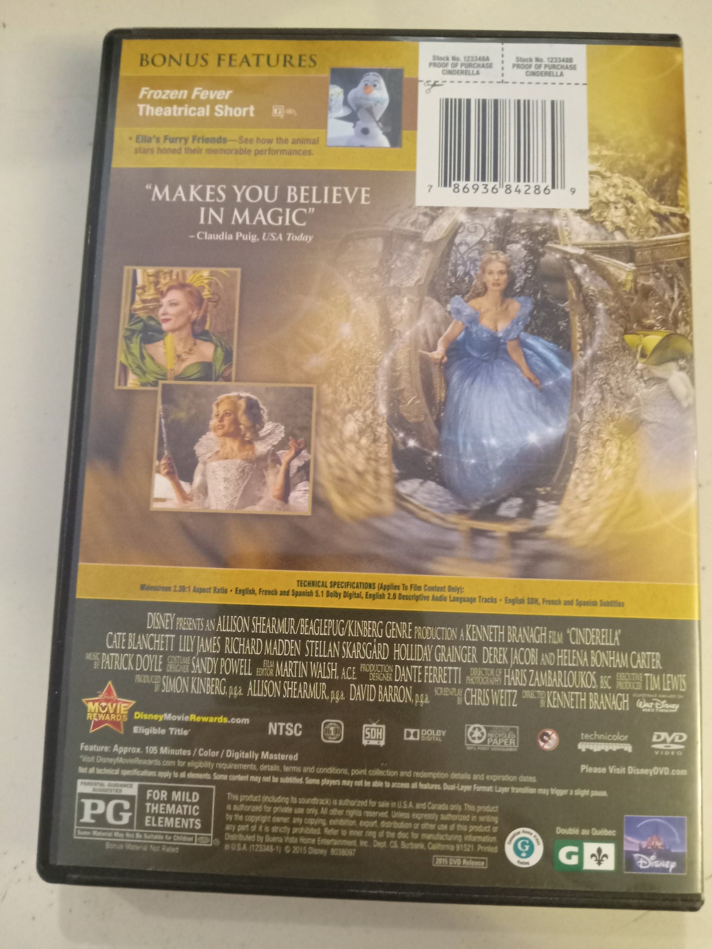 Cinderella, Disney Live Action DVD Movie, Cate Blanchette Widescreen, Rated PG, USED