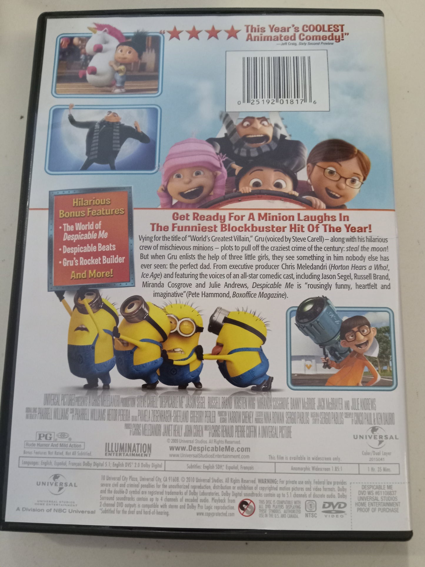 Despicable Me, Universal Animation DVD Movie, Steve Carell Widescreen, Rated PG, USED