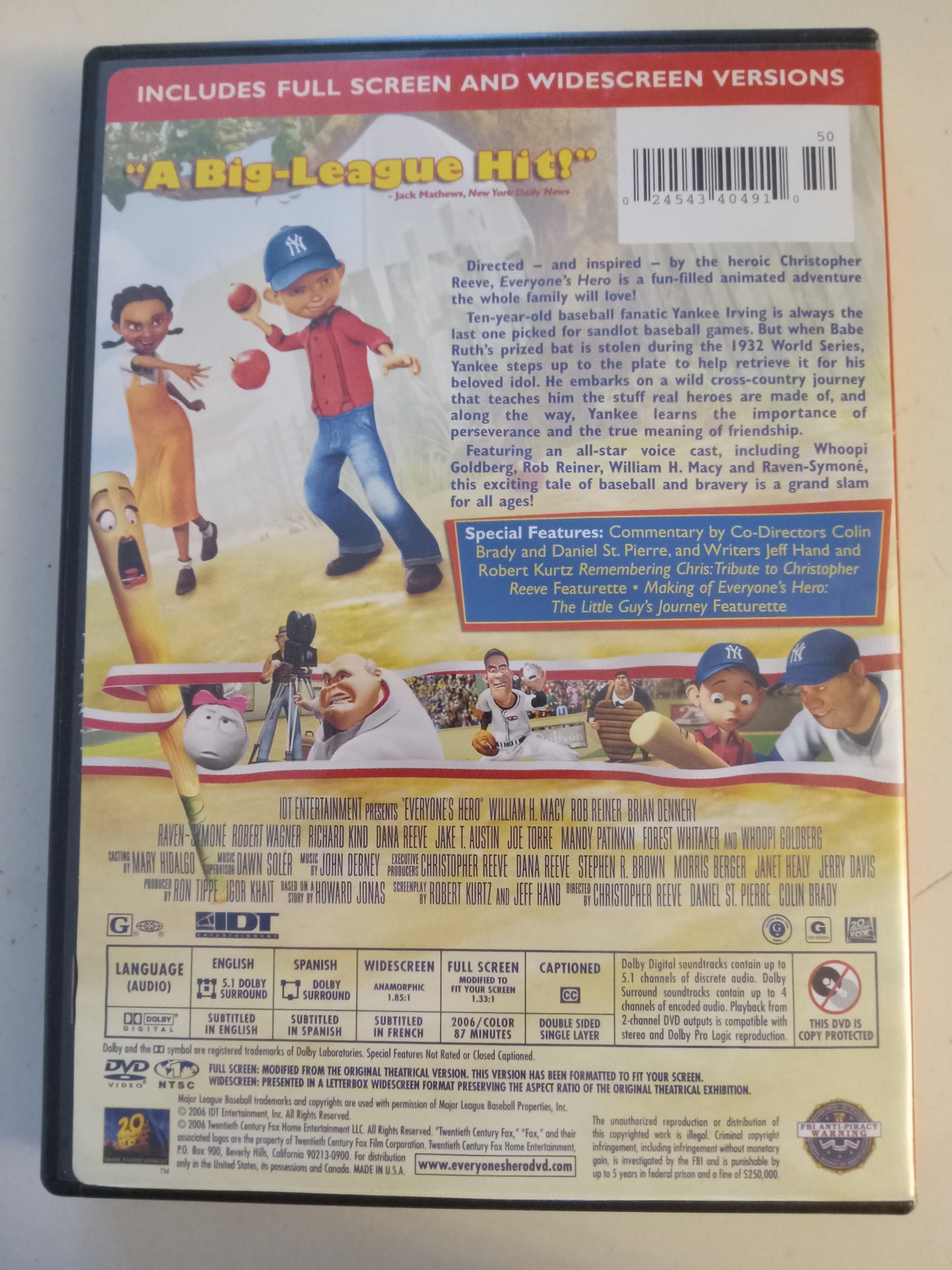 Everyone's Hero, Fox Animation DVD Movie, William H. Macy Fullscreen, Widescreen, Rated G, USED