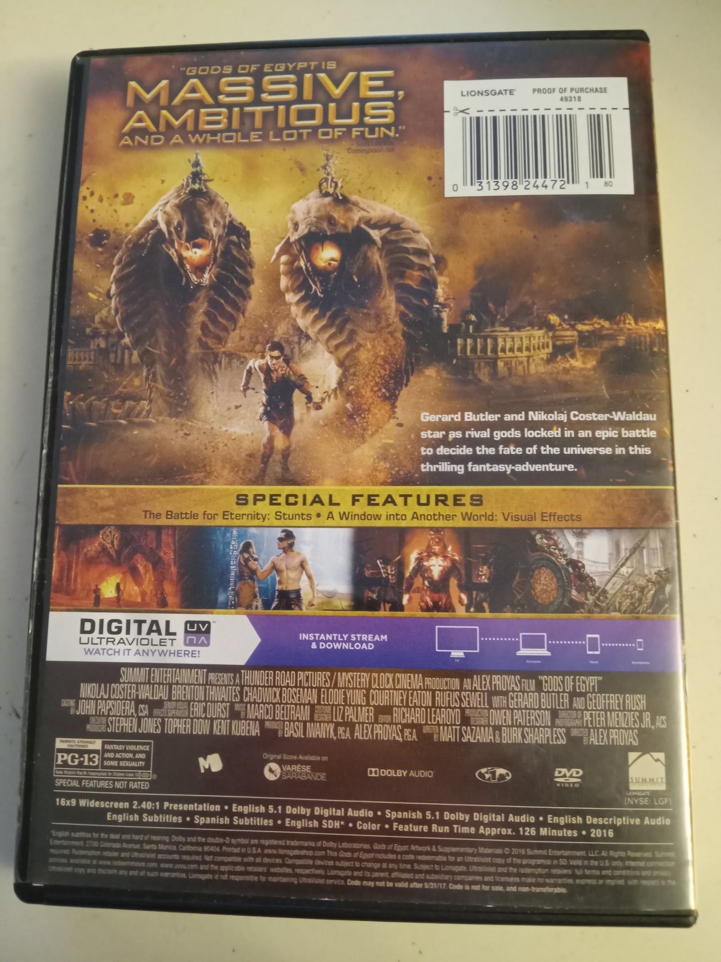Gods Of Egypt, DVD Movie, Gerard Butler Widescreen, Rated PG-13, USED