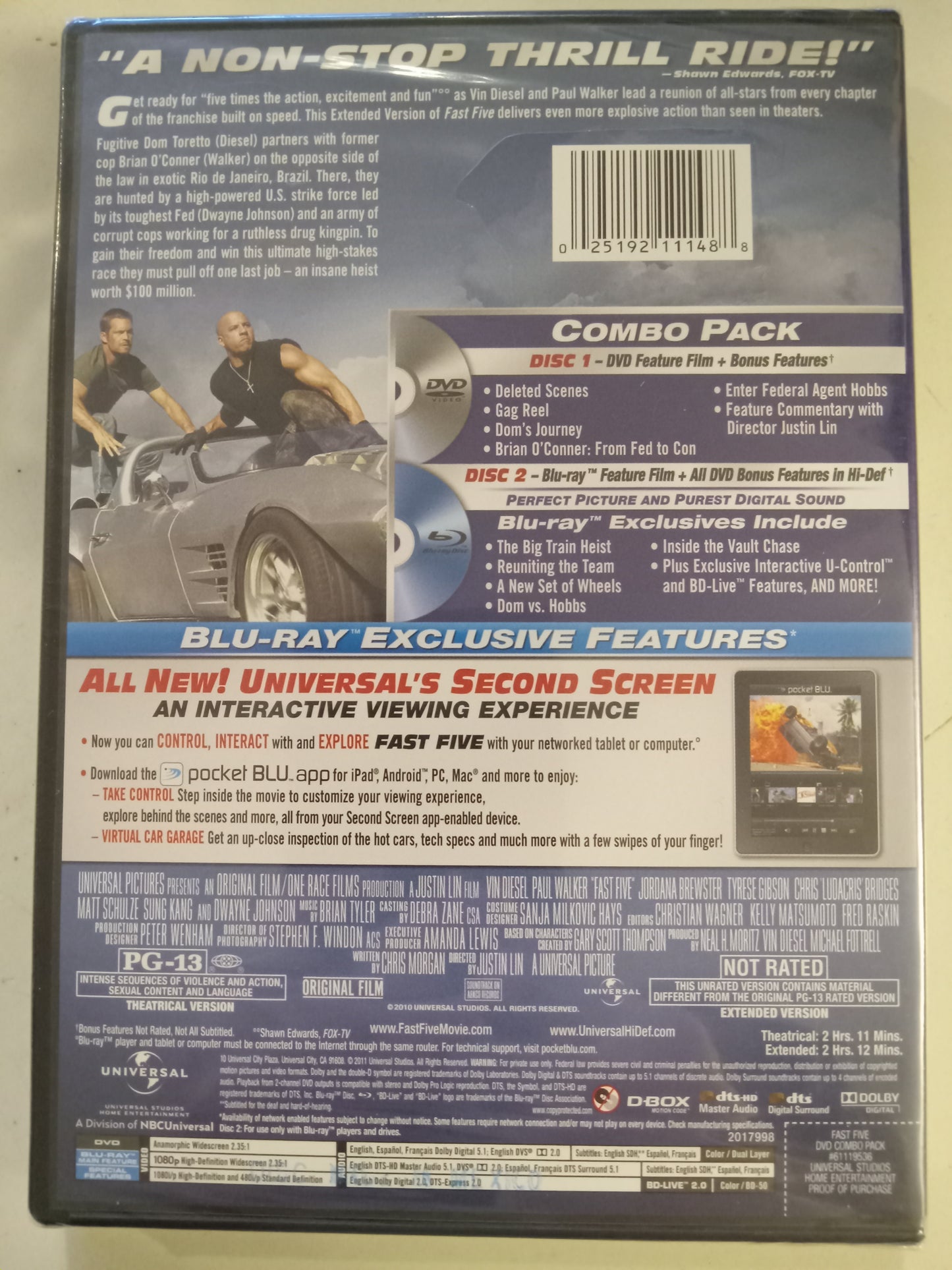 Fast Five, Extended Edition, DVD Movie +Blu-Ray, Vin Diesel Widescreen, Rated PG-13, NEW/USED