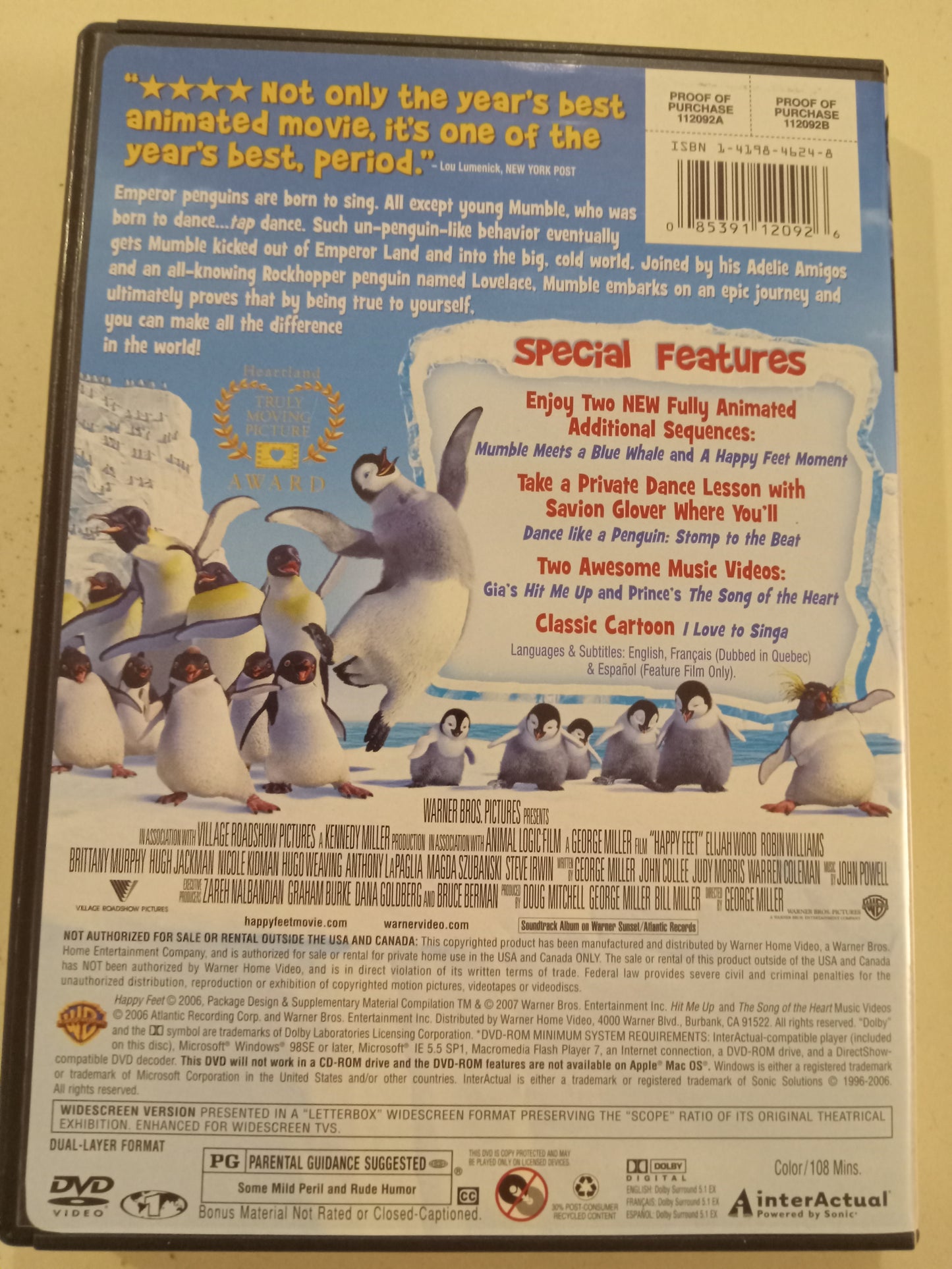 Happy Feet, Warner Bros Animation DVD Movie, Robin Williams Widescreen, Rated PG, USED