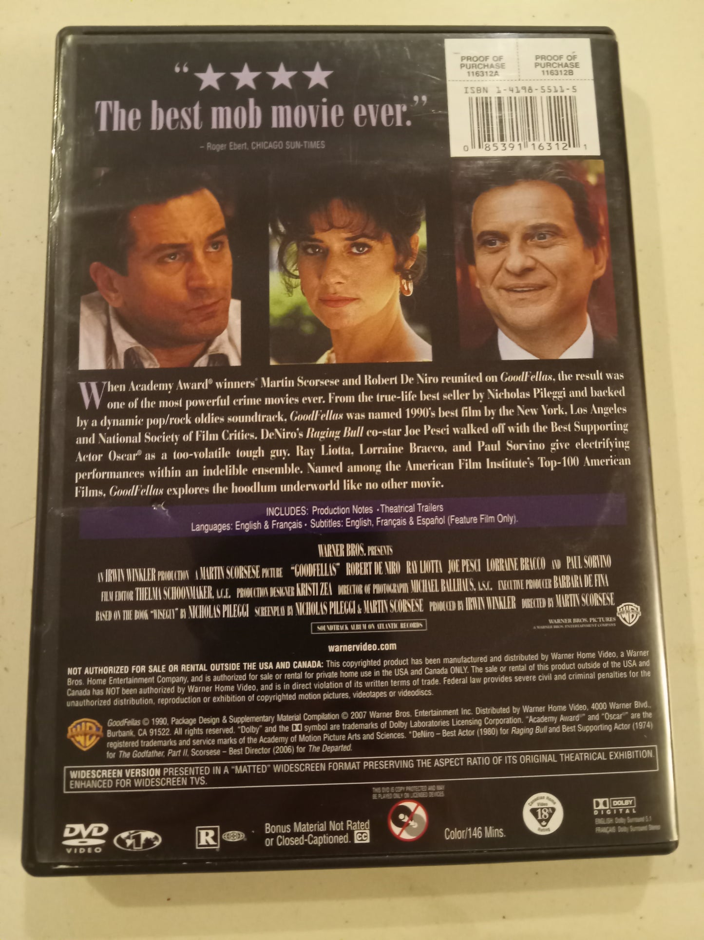 GoodFellas, DVD Movie, Robert DeNiro Widescreen, Rated R, USED