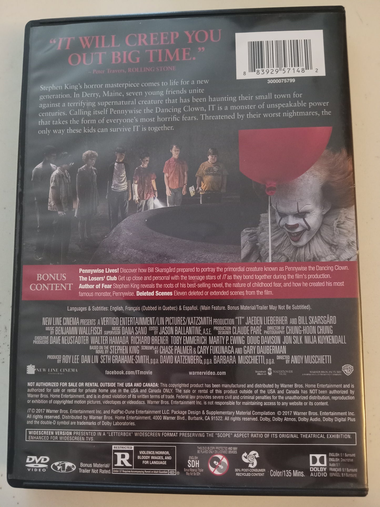It, Stephen King's DVD Movie, 2 Discs, Bill Skarsgard Widescreen, Rated R, USED