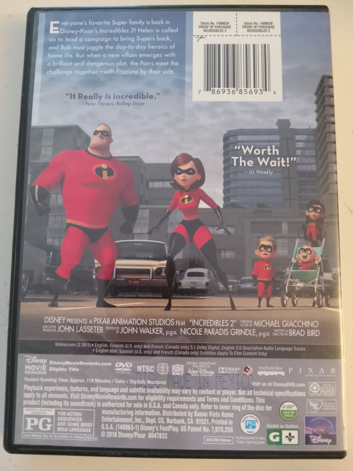 Incredibles 2, Disney Pixar Animation DVD Movie, Widescreen, Rated PG, USED