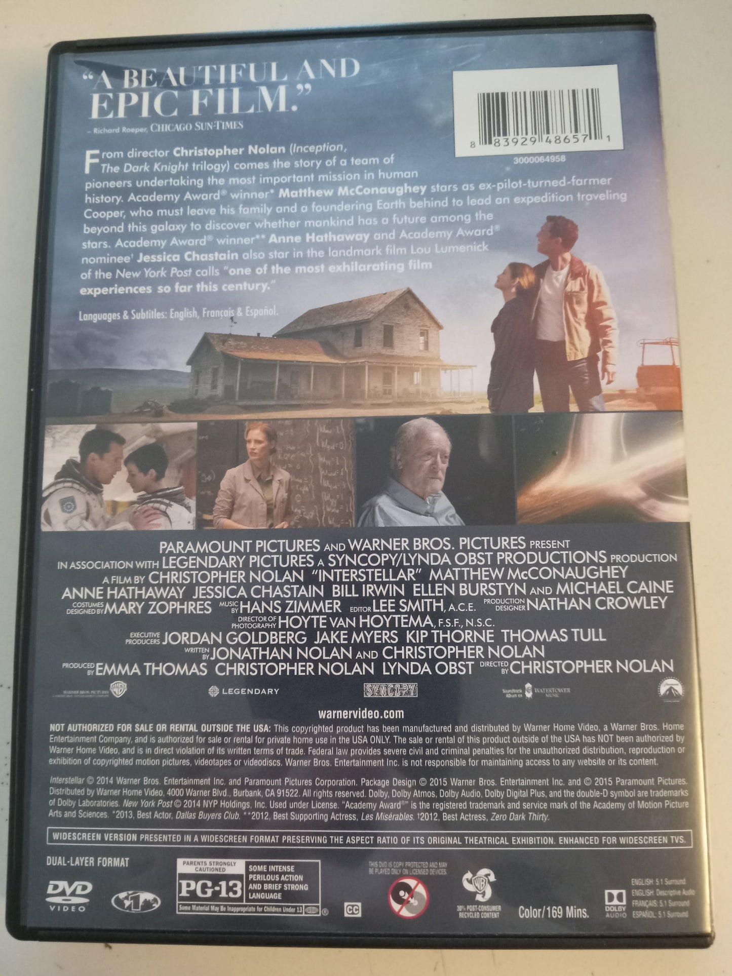 Interstellar, DVD Movie, Matthew McConaughey Widescreen, Rated PG-13, USED