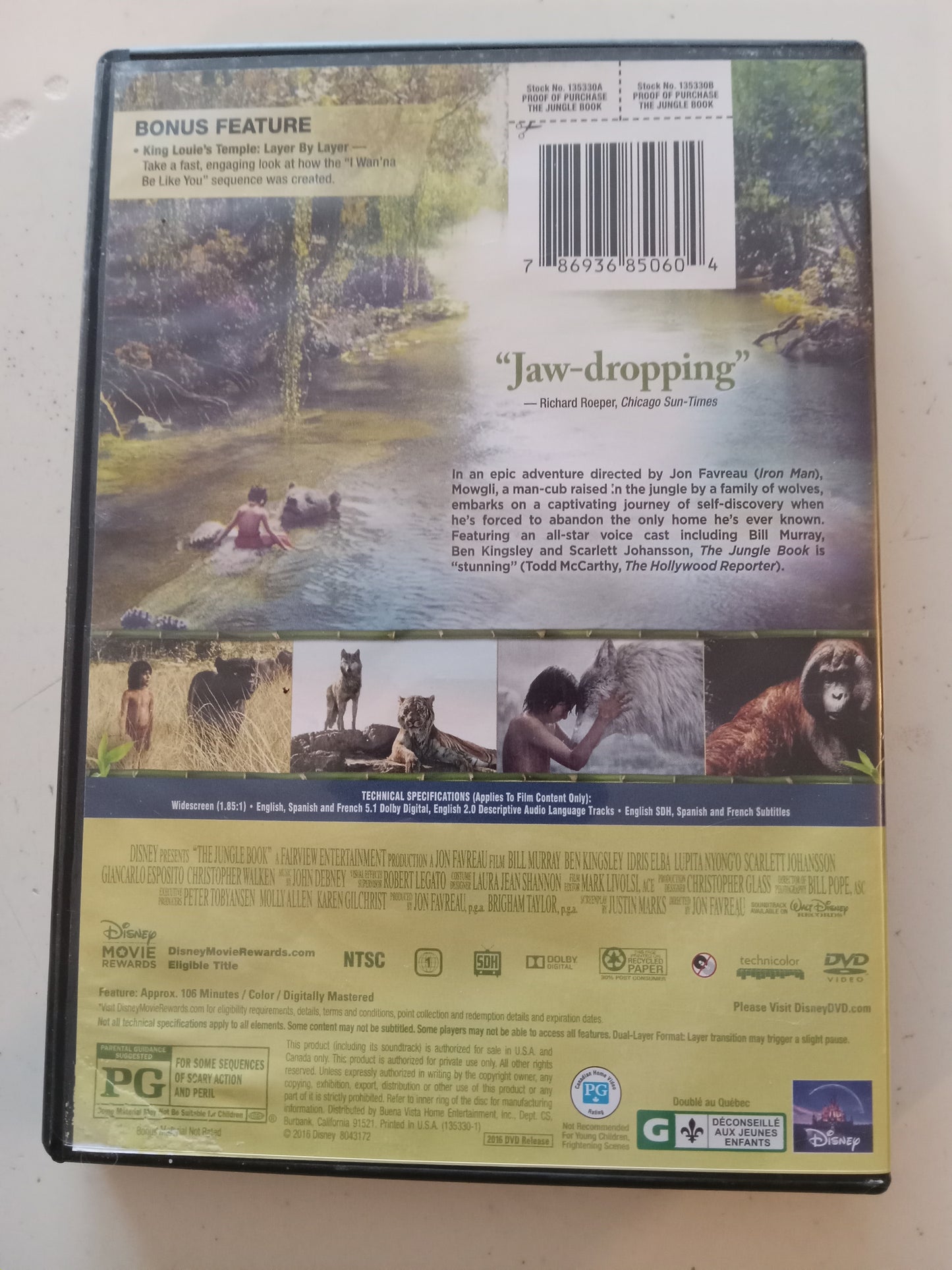 The Jungle Book, Disney Live Action DVD Movie, Bill Murray Widescreen, Rated PG, USED