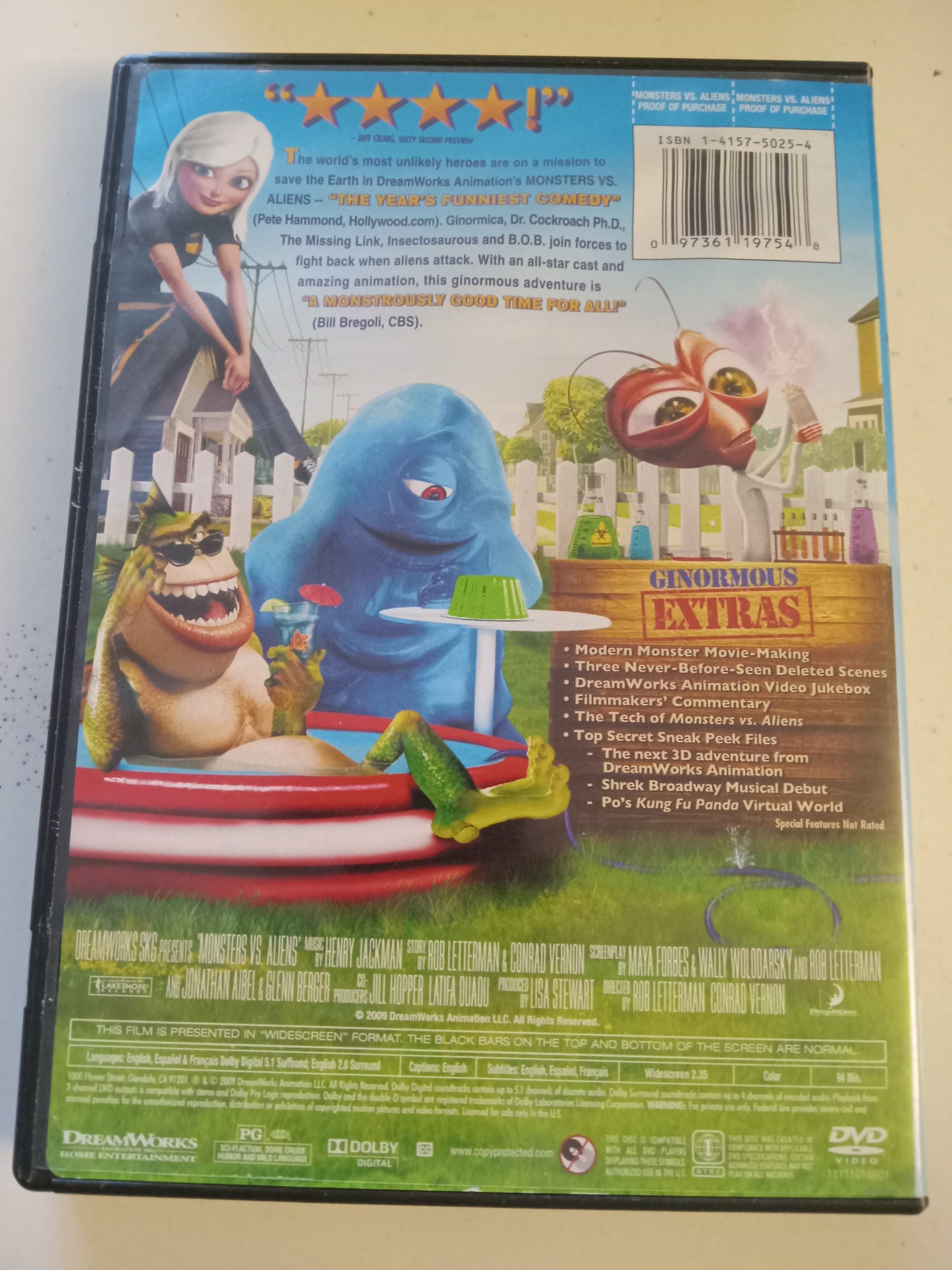 Monsters vs Aliens, DreamWorks Animation DVD Movie, Widescreen, Rated PG, USED