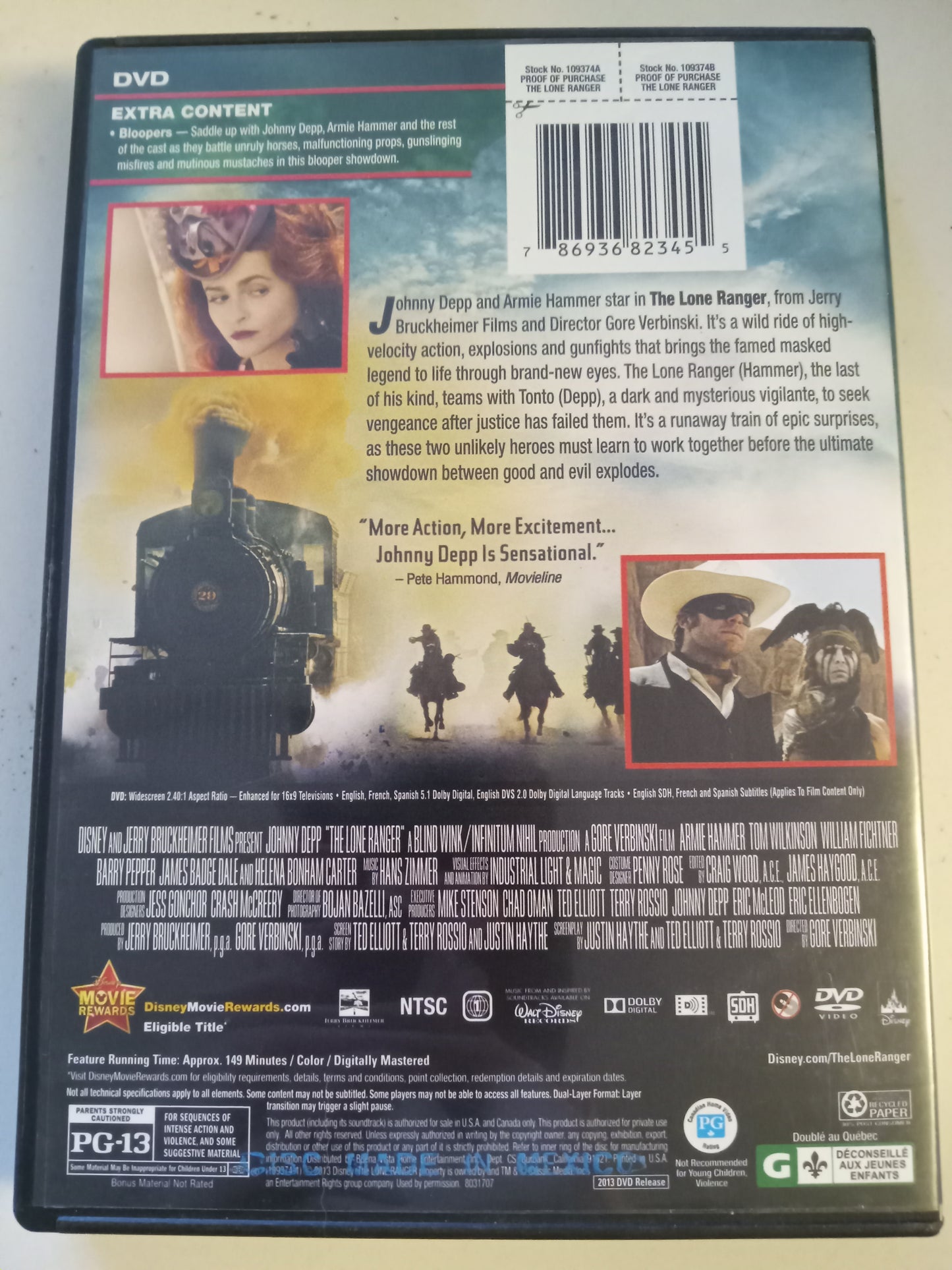 The Lone Ranger, DVD Movie, Johnny Depp Widescreen, Rated PG-13, USED