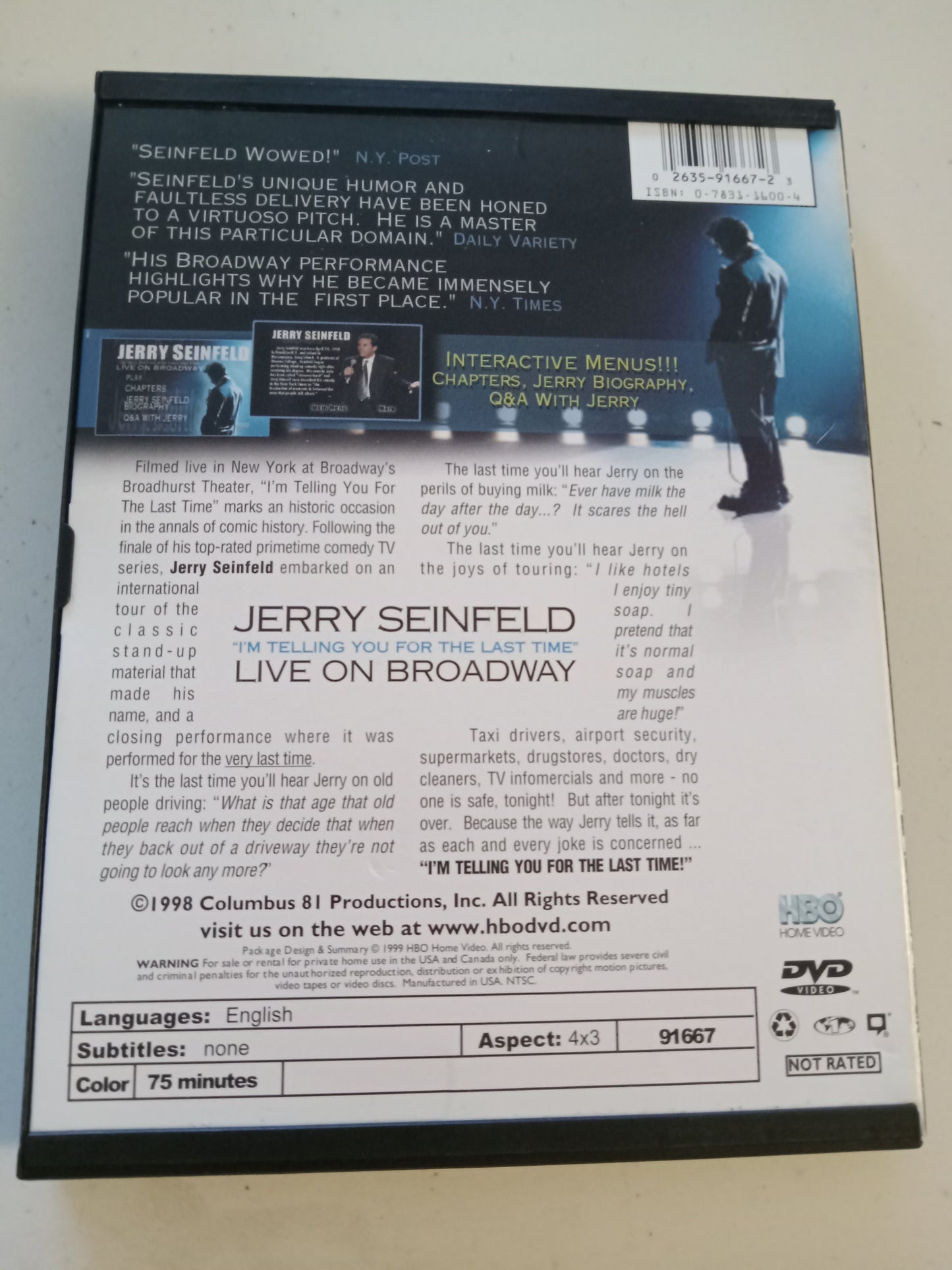 Jerry Seinfeld "I'm Telling You For The Last Time" Live On Broadway, DVD Movie, Widescreen, Not-Rated USED