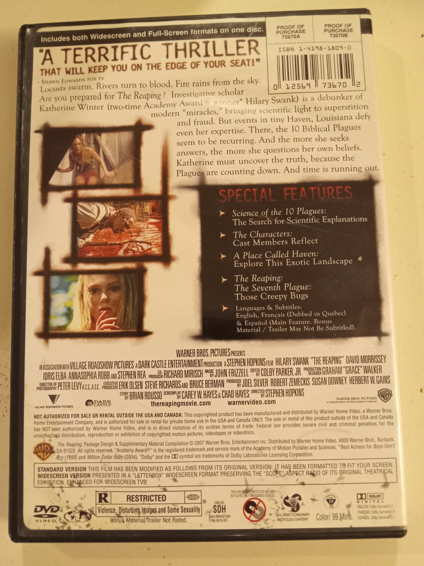 The Reaping, DVD Movie, Hilary Swank Widescreen, Rated R, USED