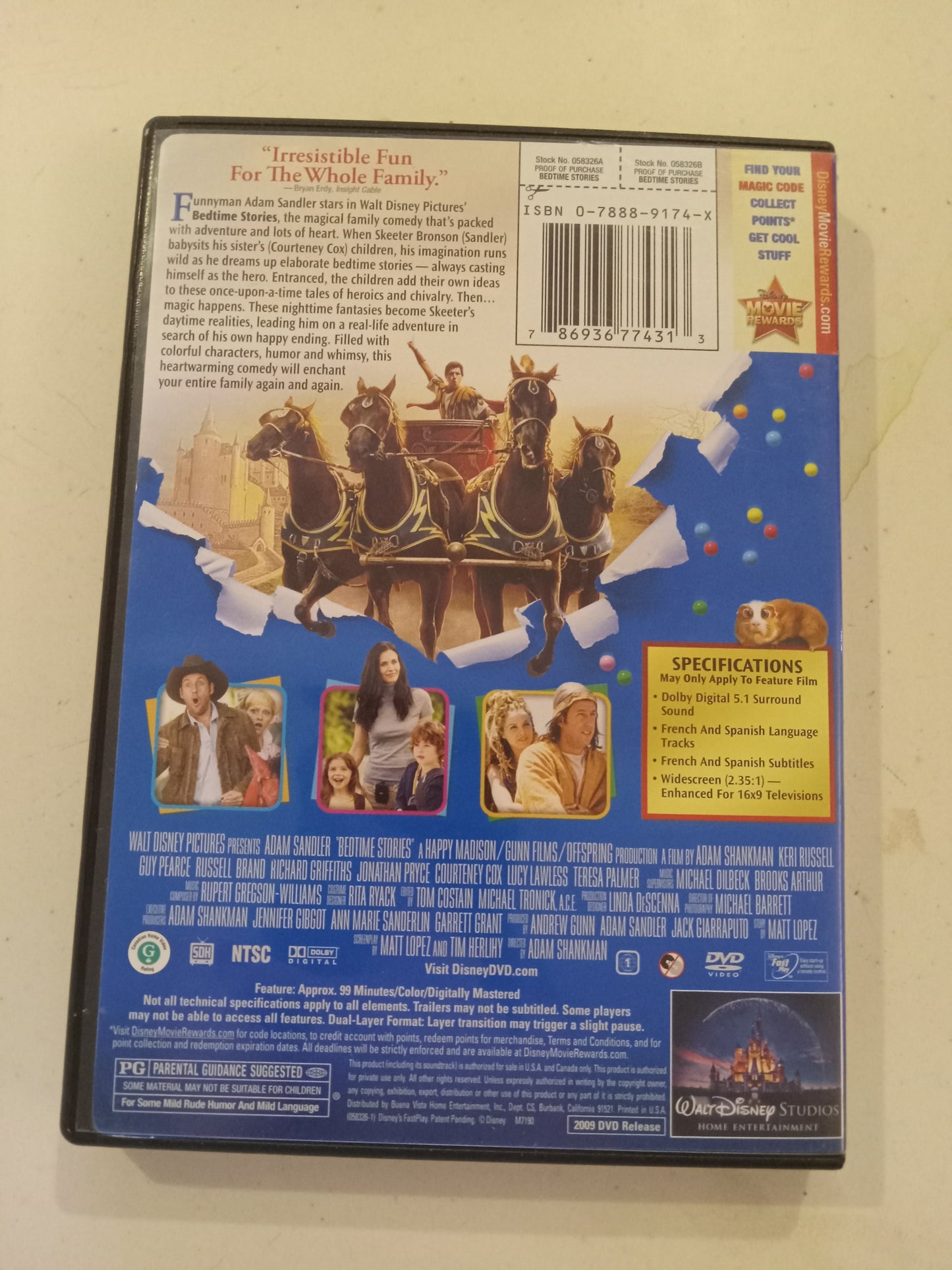 Bedtime Stories, DVD Movie, Adam Sandler Widescreen, Rated PG, USED