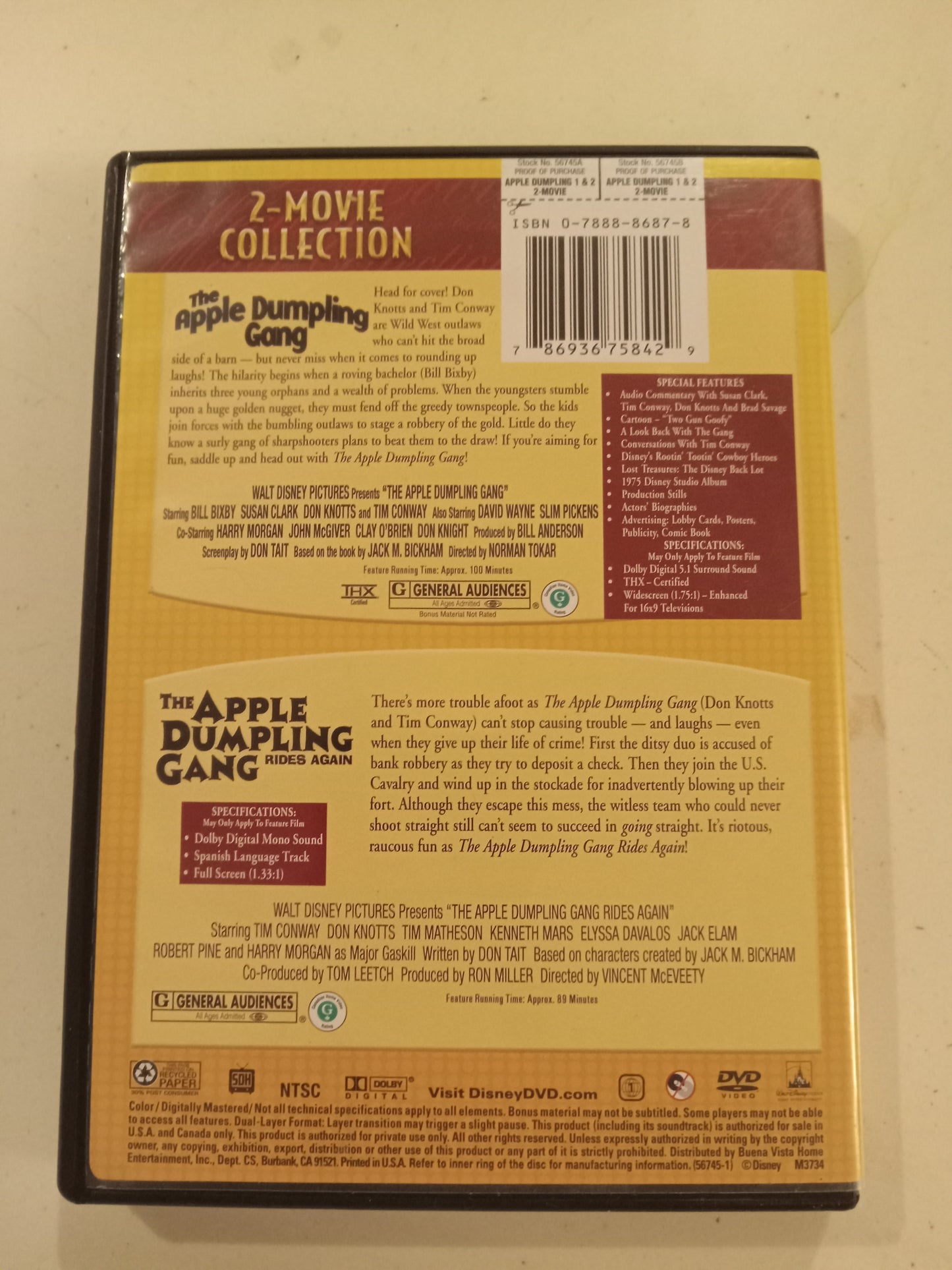 The Apple Dumpling Gang, & (A.D.G.) Rides Again, 2 DVD Movies, Don Knotts Fullscreen, Rated G, USED