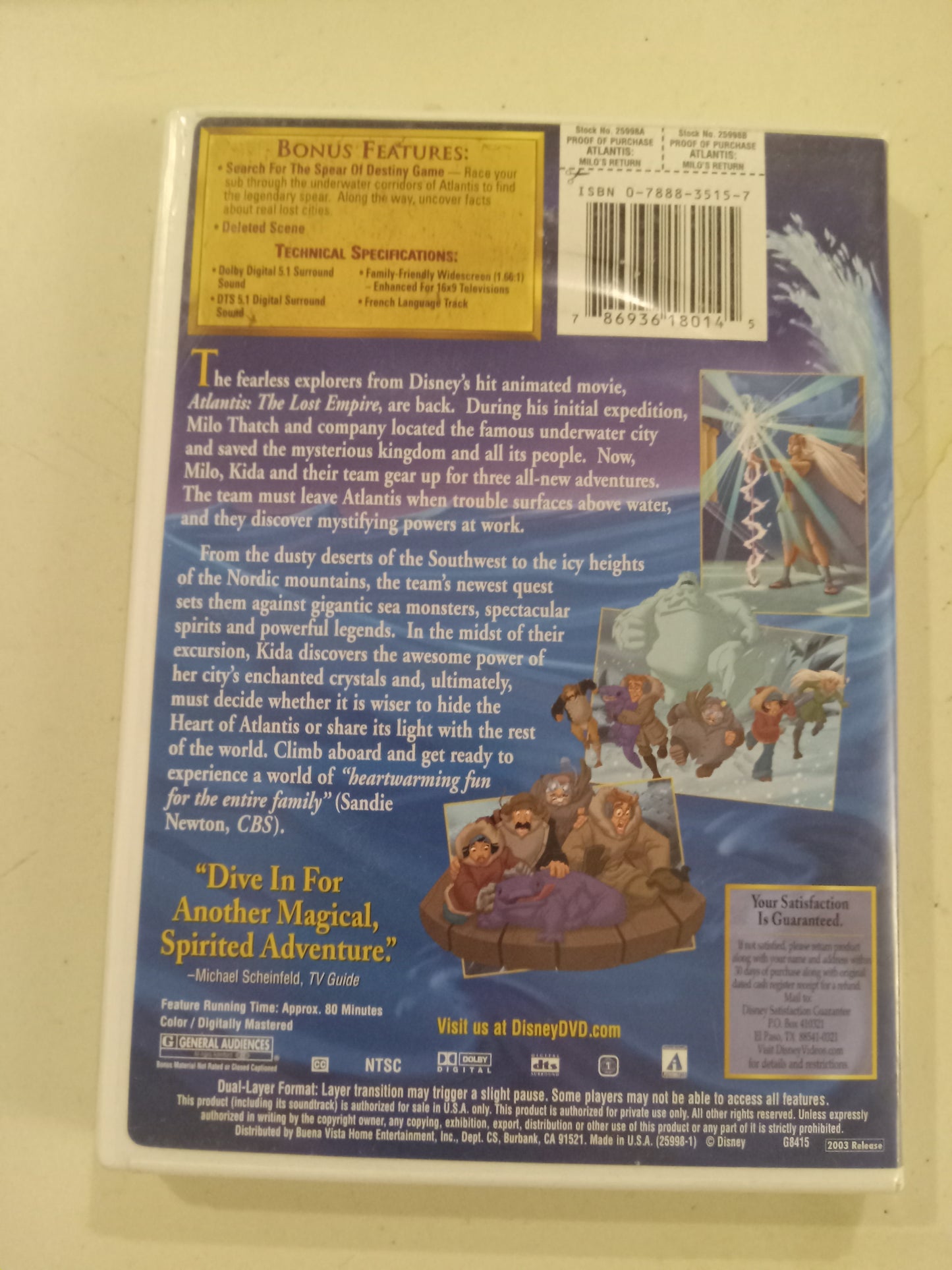 Atlantis Milo's Return, Disney Animation DVD Movie, Widescreen, Rated G, USED