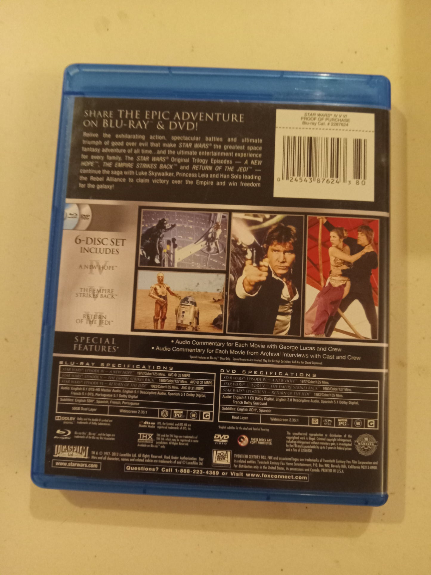 Star Wars, 4,5,6 (New Hope, Empire Strikes Back, Return of the Jedi) 3 Blu-Ray Movies, Widescreen, Rated PG, USED
