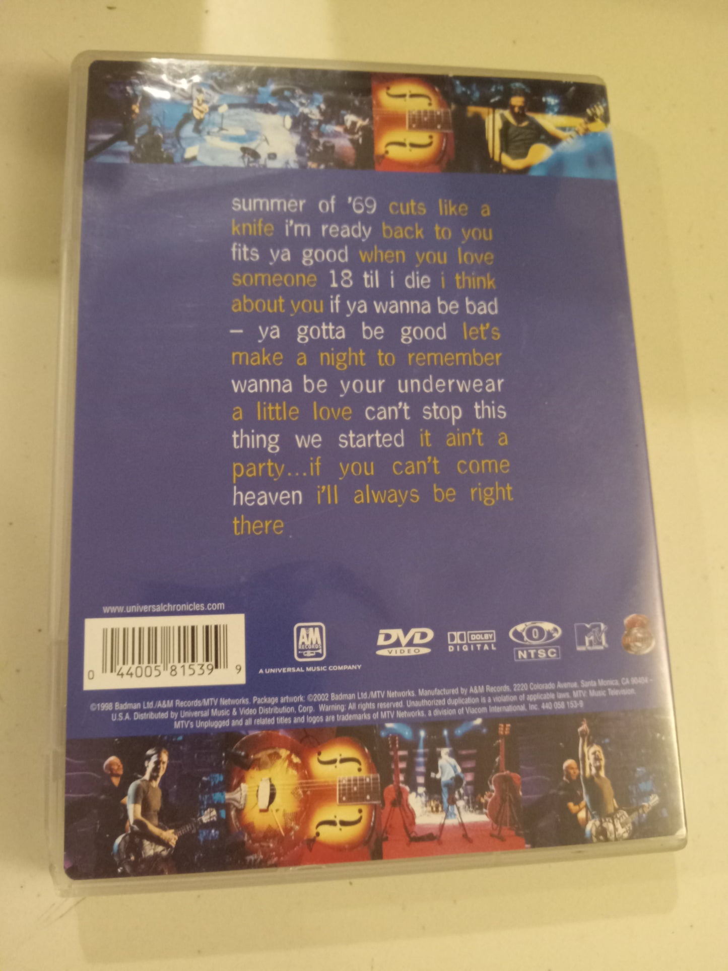Bryan Adams Unplugged, Rock Band Concert DVD Movie, Widescreen, Not Rated, USED