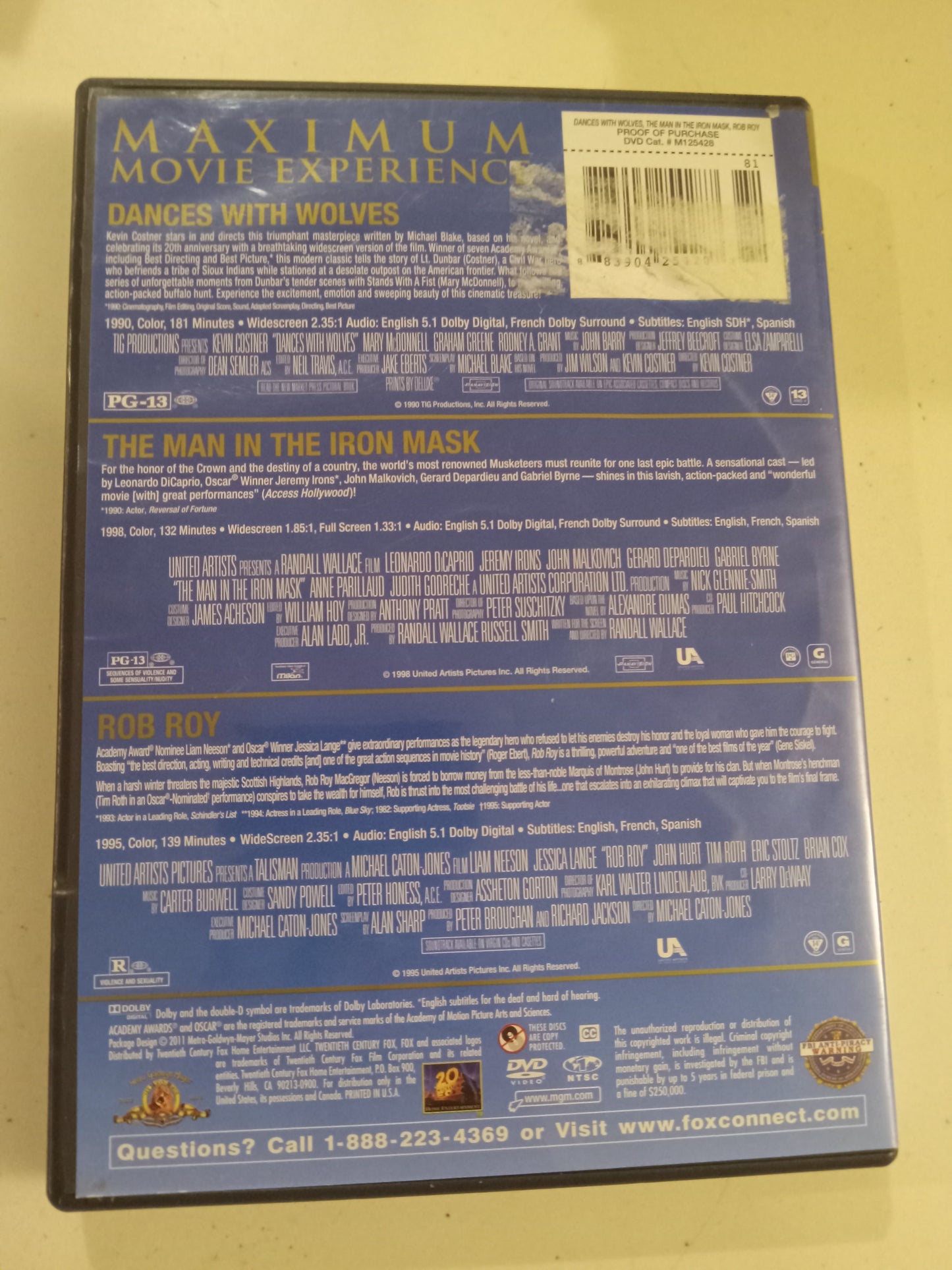 Dances With Wolves & The Man In the Iron Mask & Rob Roy, 3 DVD Movies, Widescreen, Triple Feature Rated PG-13/R, USED