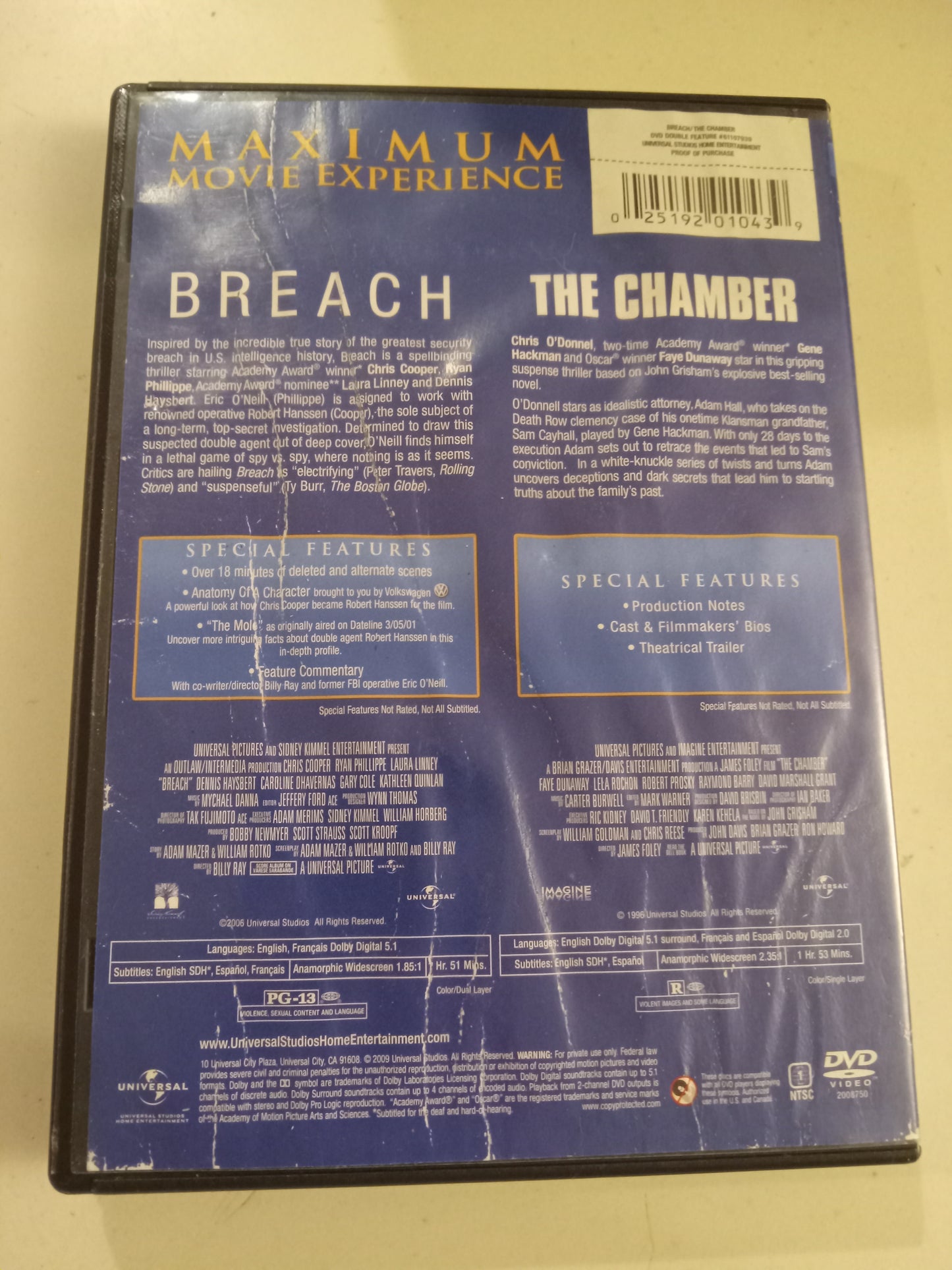 Breach & The Chamber, 2 DVD Movies, Chris Cooper, Gene Hackman Widescreen, Rated PG-13/R, USED