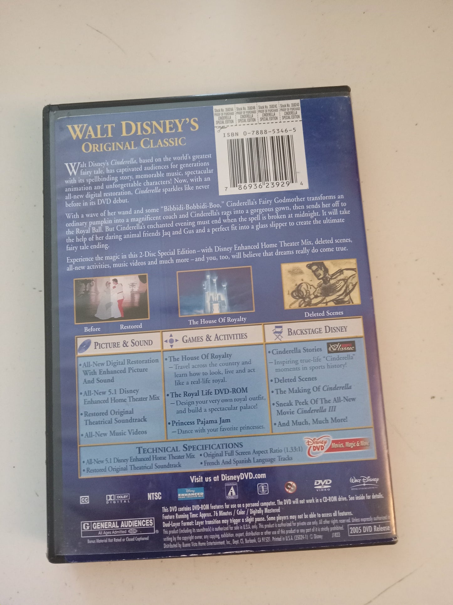 Cinderella Disney Animation, DVD Movie, Fullscreen, 2 Disc Special Ed. Rated G, USED