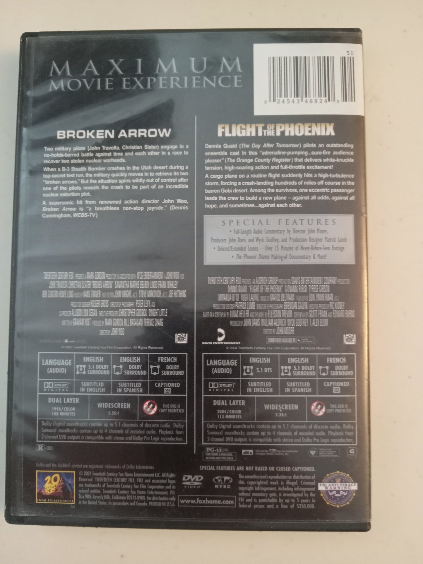 Broken Arrow & Flight Of The Phoenix, 2 DVD Movies, John Travolta, Dennis Quaid, Widescreen, Rated R/PG-13, USED