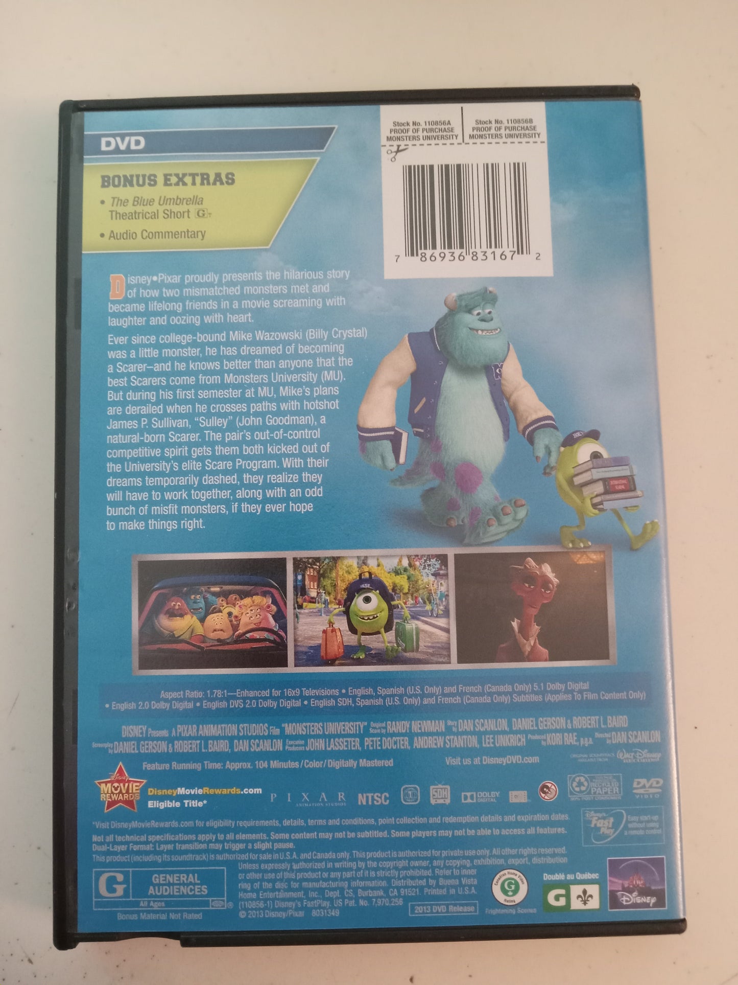 Monsters University, Disney Pixar Animation, DVD Movie, Widescreen, Rated G, USED