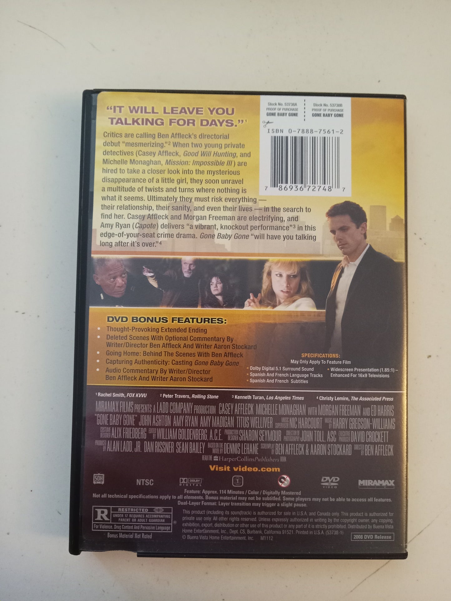 Gone Baby Gone, DVD Movie, Casey Affleck Widescreen, Rated R, USED