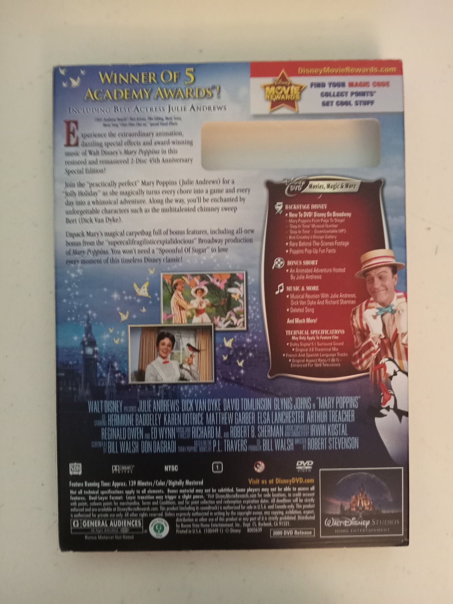 Mary Poppins, Disney DVD Movie, Julie Andrews Fullscreen, 45th Ann. Ed. Rated G, USED