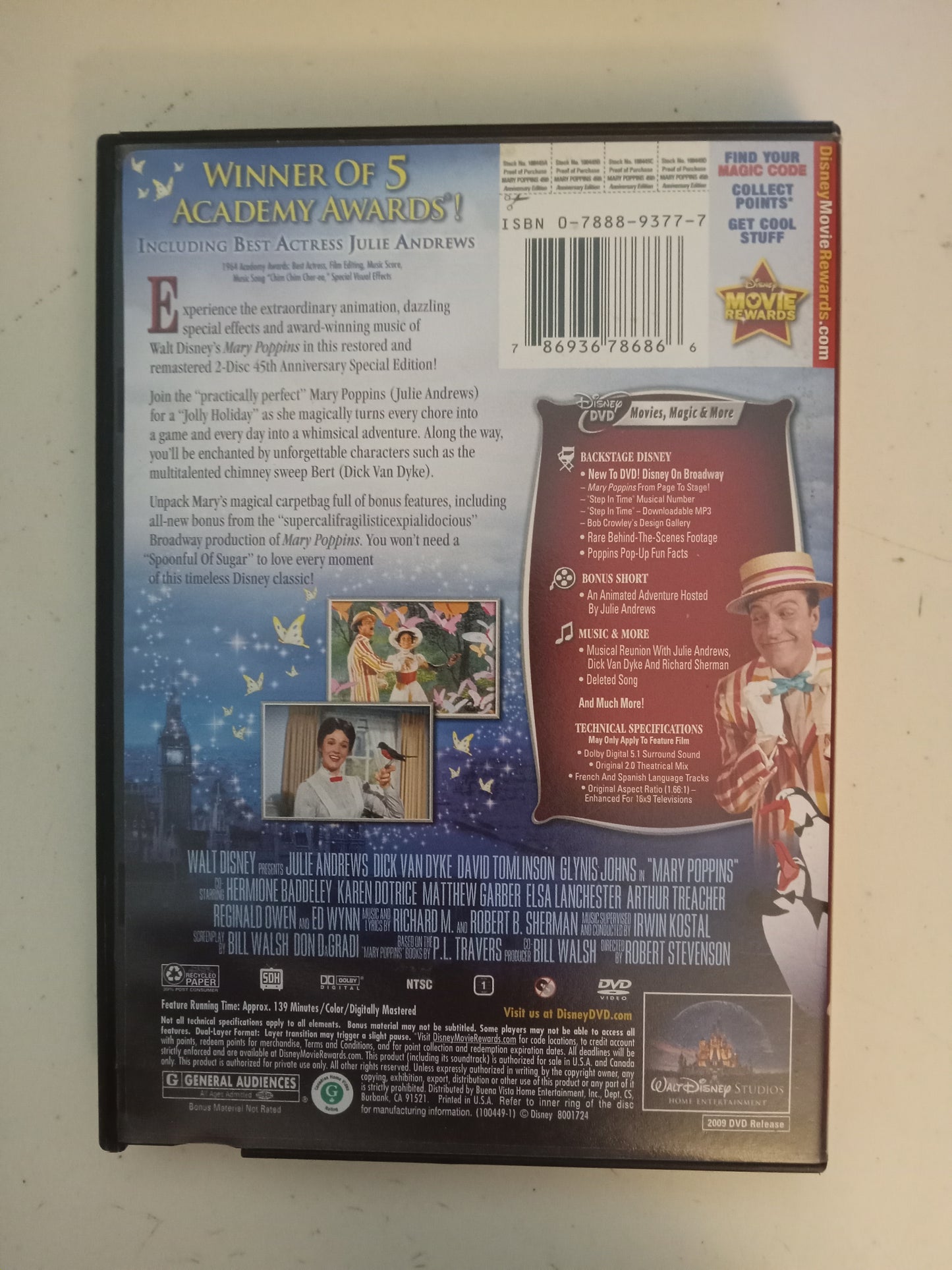 Mary Poppins, Disney DVD Movie, Julie Andrews Fullscreen, 45th Ann. Ed. Rated G, USED
