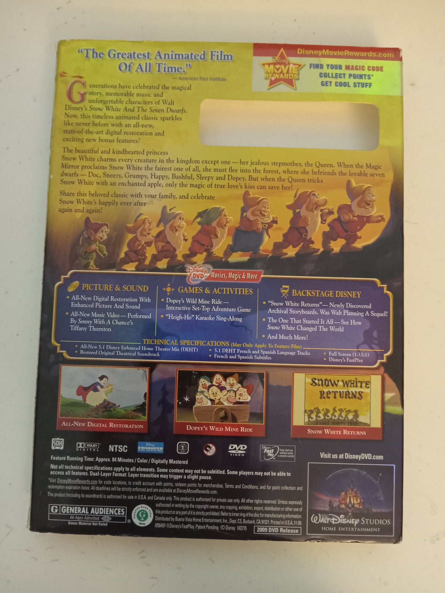Snow White And The Seven Dwarfs, Disney Animation DVD Movie, Fullscreen, 2 Discs, Rated G, USED