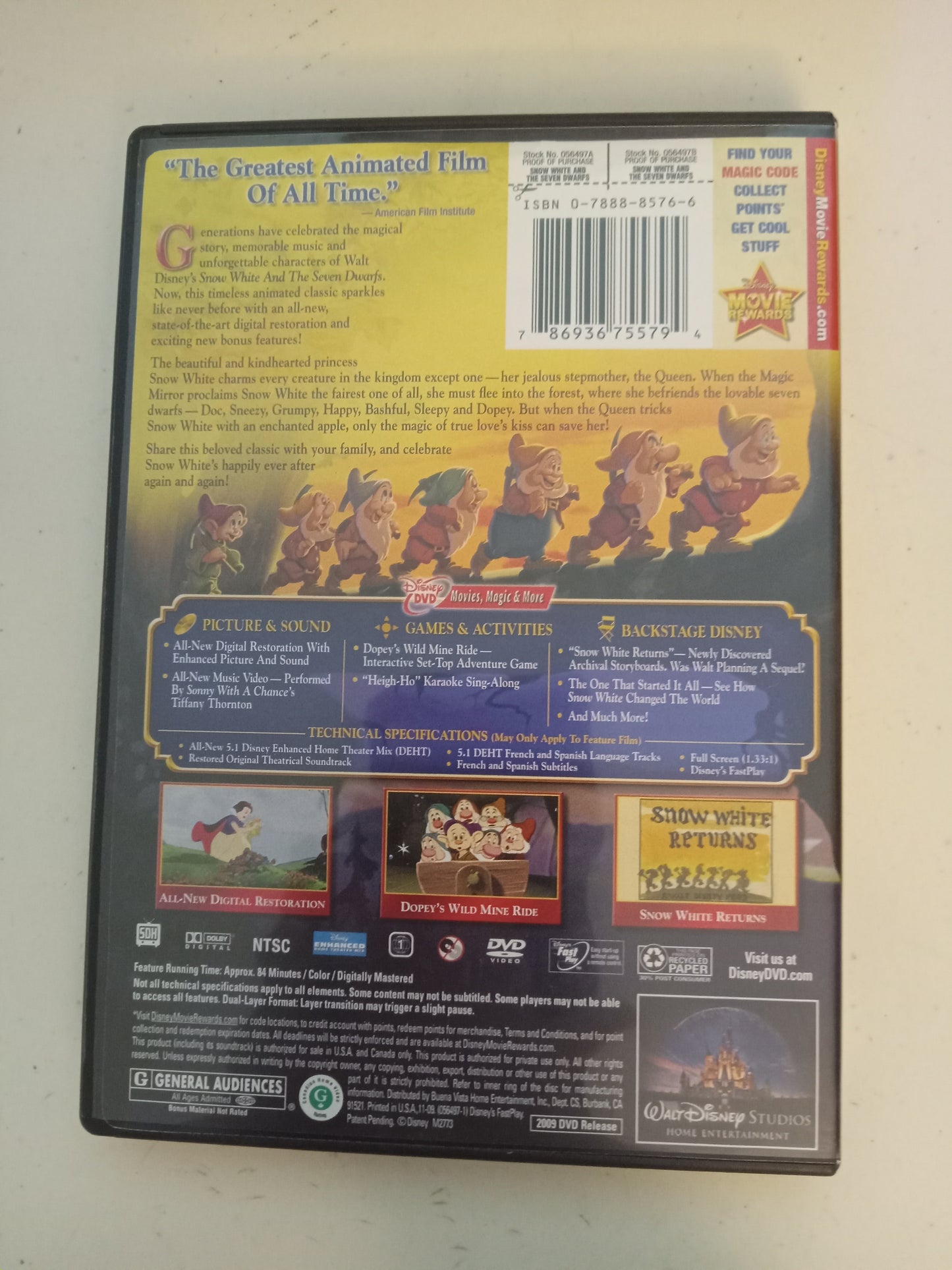 Snow White And The Seven Dwarfs, Disney Animation DVD Movie, Fullscreen, 2 Discs, Rated G, USED