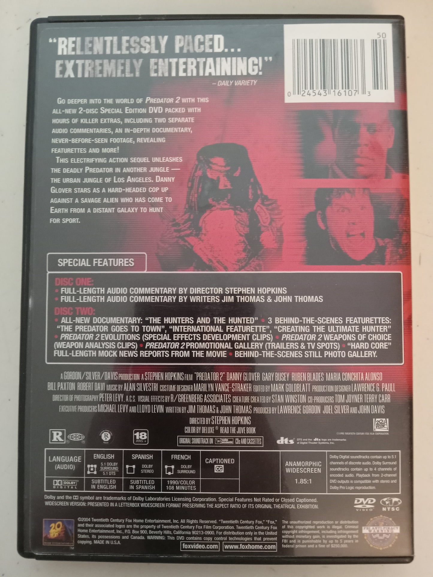 Predator 2, DVD Movie, Danny Glover Widescreen, Special Ed. Rated R, USED