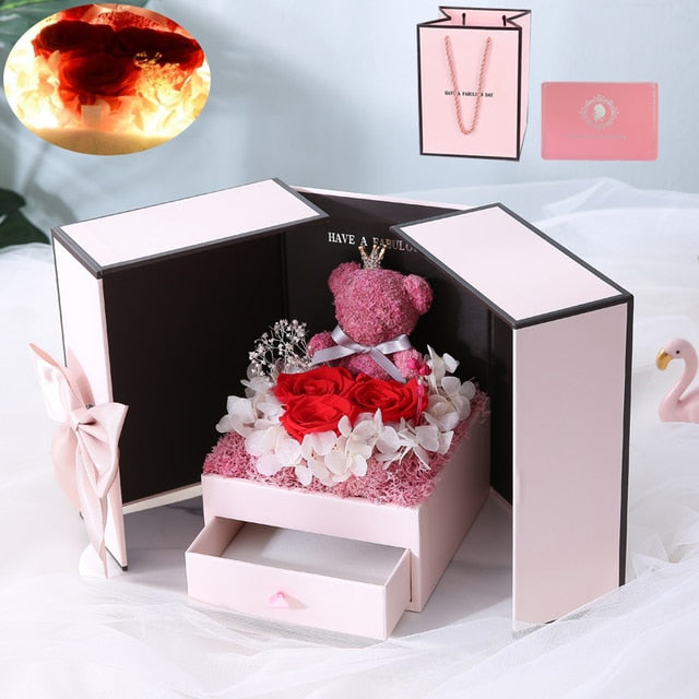 Valentines Day Eternal Rose Flower Gift Box Fawn Bear