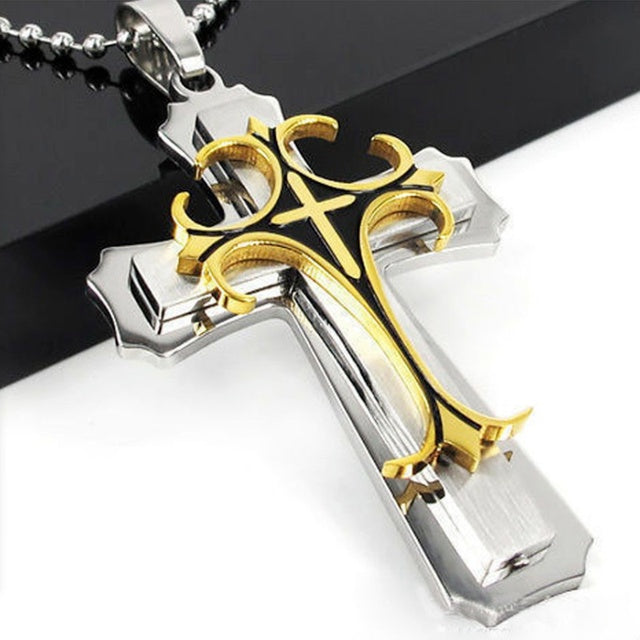 Christian Cross Necklace Pendant Gold Silver Stainless Steel